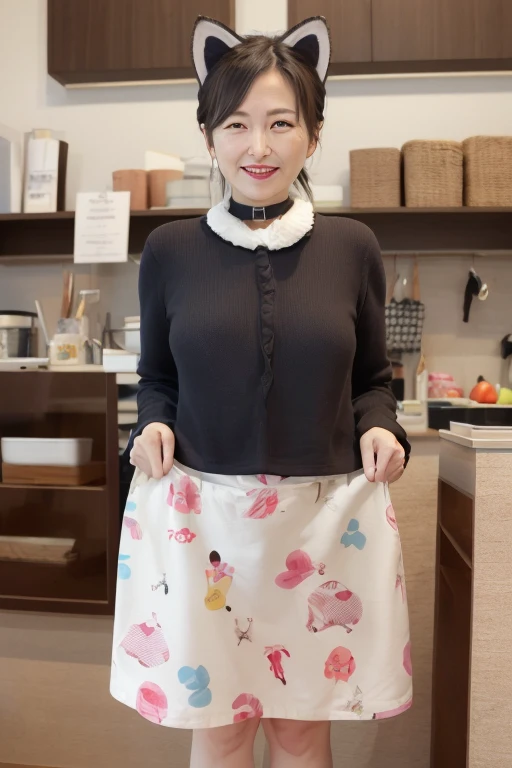 55 year old mature Japanese woman, beautiful, Sensual, Long eyelashes, Small breasts, Chubby body type, Cat print clothes, Cat print skirt full body, ((Cat ear)), Low Ponytail, Duck Mouth, collar, Red lipstick, Charismatic, Elegance, Orgasmic, Sexy posture,