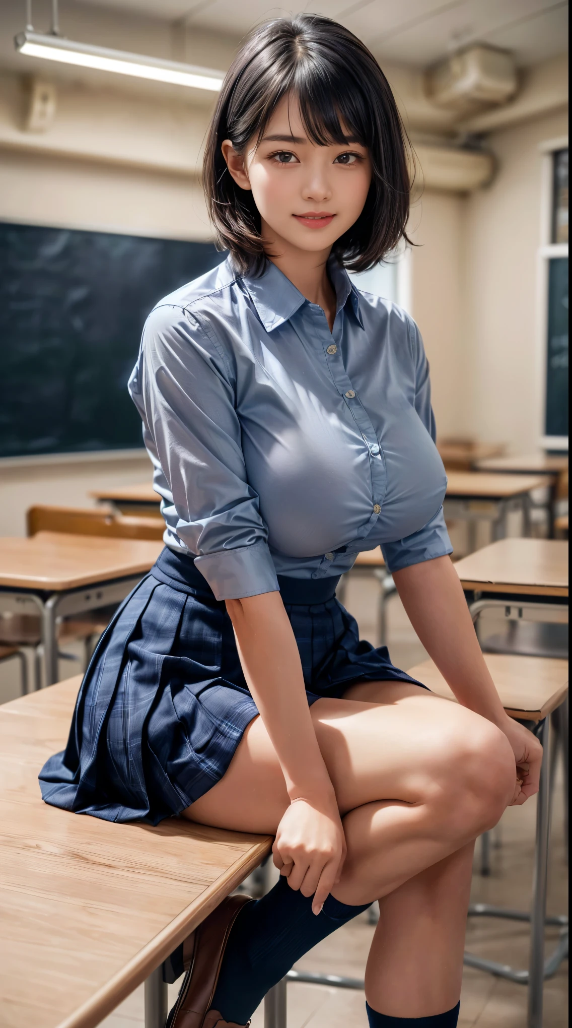 Browsing Caution:0.3、Female  in classroom、short hair、(smile)、(Mature Woman)、(18-year-old)、((Big Breasts))、((A tight-fitting navy blue shirt))、Checkered pleated skirt、Navy blue socks、loafers、Knee-length skirt、(ribbon)、With bangs、((Black Hair))、highest quality、超A high resolution、(Realistic:1.85)、Beautiful Japanese Eyes、Super Beauty、Perfect Style、Perfect balance、Detailed skin、((Delicate photo))，(Detailed RAW photos of girls), (Tabletop:1.25), (highest quality:1.6), (超A high resolution:1.5), (Realisticです:1.75), 8K resolution, Canon EOS R5, 50mm, Absurd, Very detailed,Cinema Lighting、