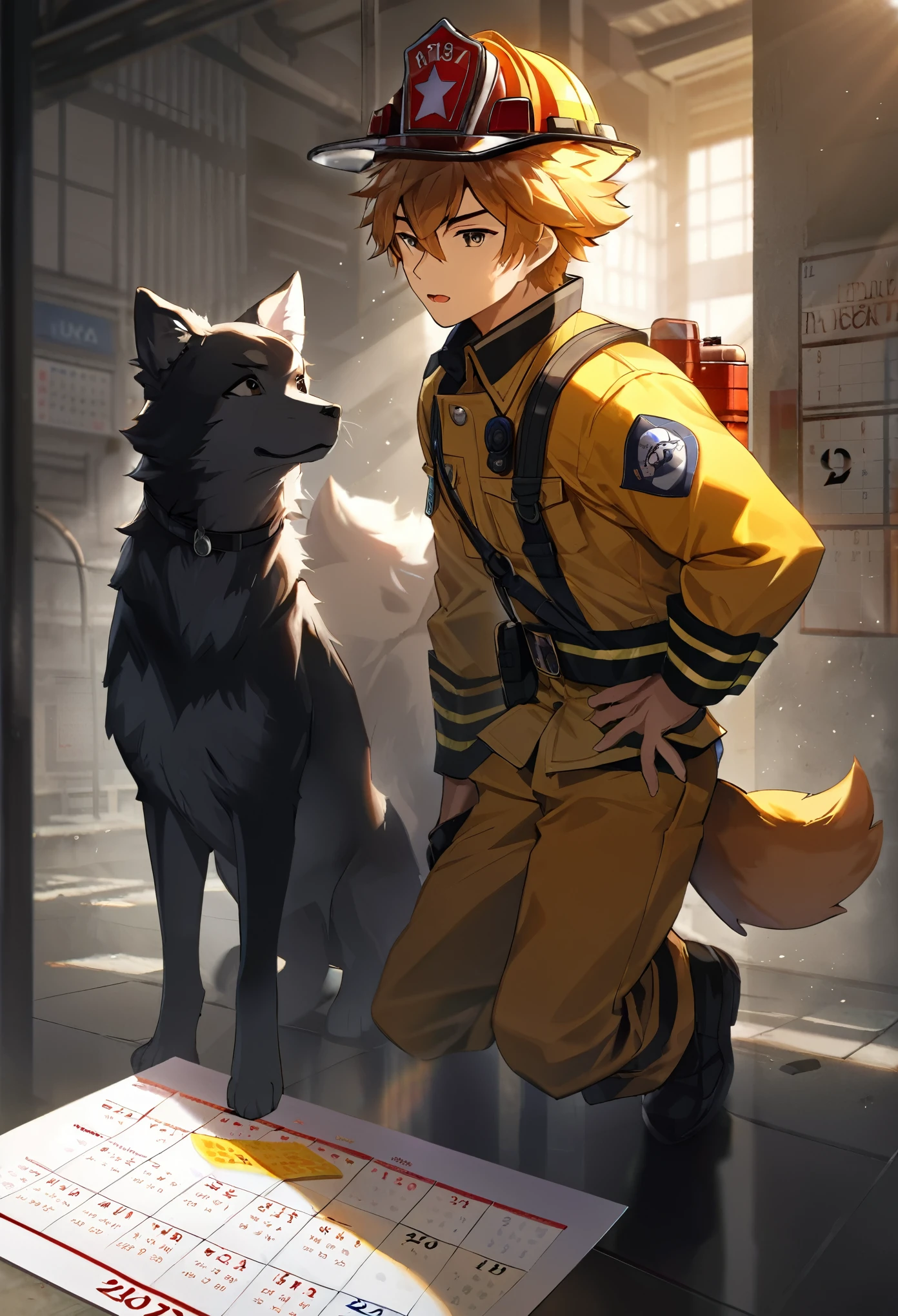 e621 upload, top quality, best quality, highres, masterpiece, super high resolution, detailed background, street, gasping for air(1boy, dog, kemono, furry anthro)Firefighter, cover calendar, absurdres, perfect anatomy, good lighting, volumetric lighting, cinematic shadow,