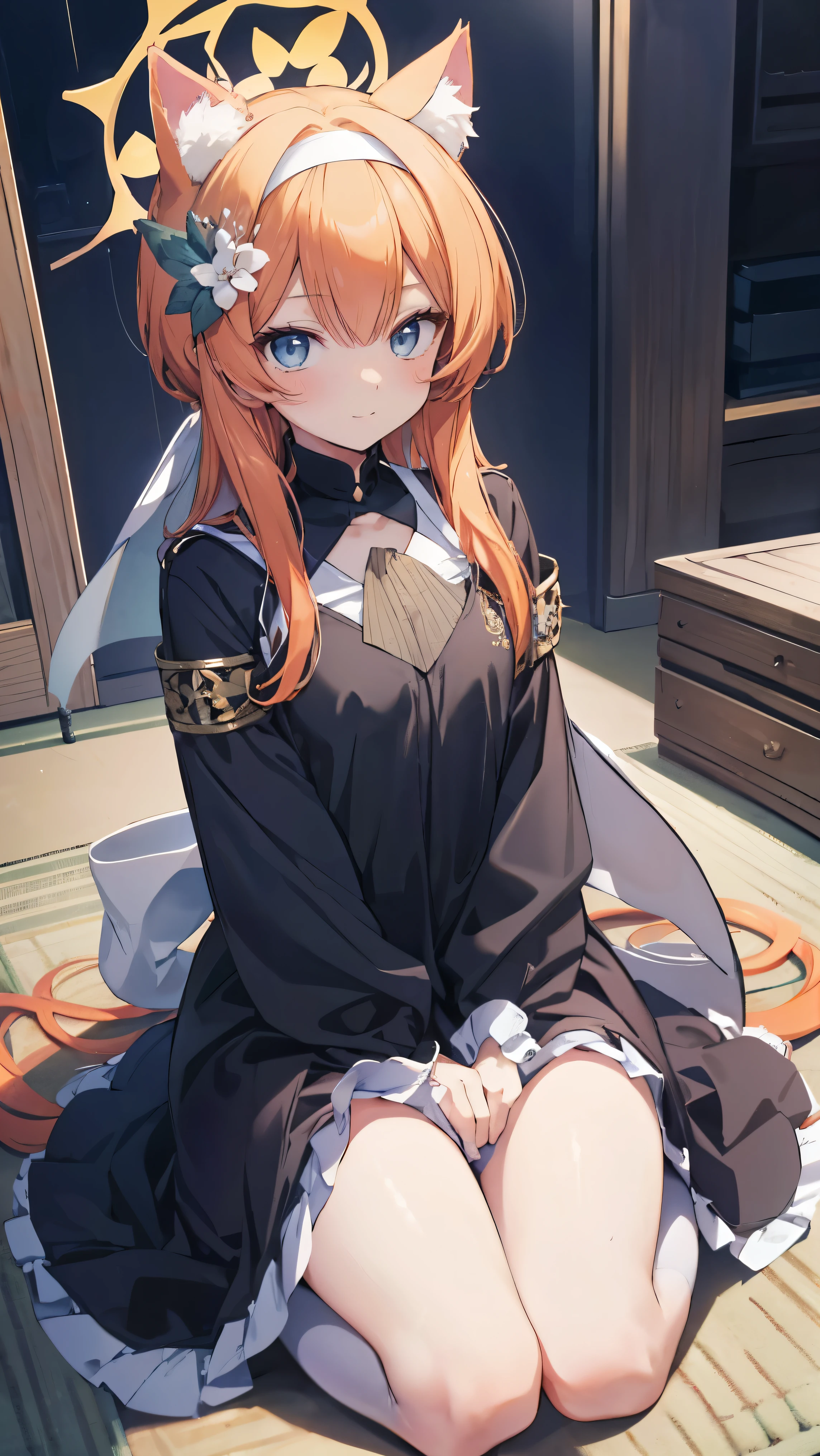 Marie、masterpiece、Best image quality、最high quality、One Girl、 (Cute Smile), independent , Looking into the camera, masterpiece, Anime art style, Cute Characters, full BODY、Most detailed, high quality、Shiny Hair、Panic look、Very fine and beautiful bright eyes、A soft smile、Very detailed, clear and beautiful face, Awards, Anatomically correct、Cat ear、Orange Hair、It must be detailed enough to be easily identifiable.、Lolita