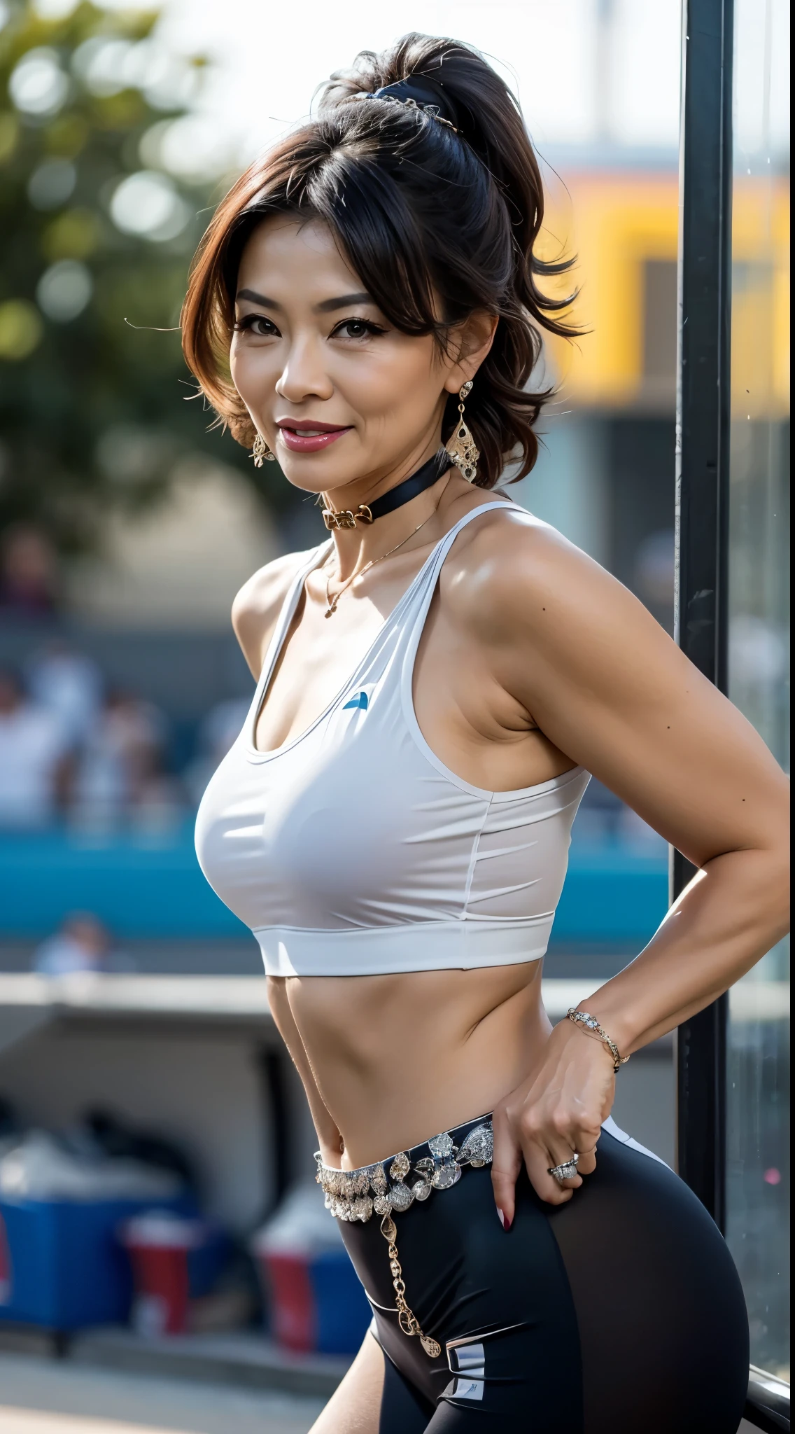 75 years old　Mom　MILF　Chinese Lady　large earring　Big choker　navel piercing decoration　A bracelet　Silver Hair　realisitic　Gorgeous Madame Beautiful Mature Woman　sexy　Smile　Gentle woman navel piercing　４K　High quality stadium　athlete　Gorgeous Madame Beautiful Mature Woman