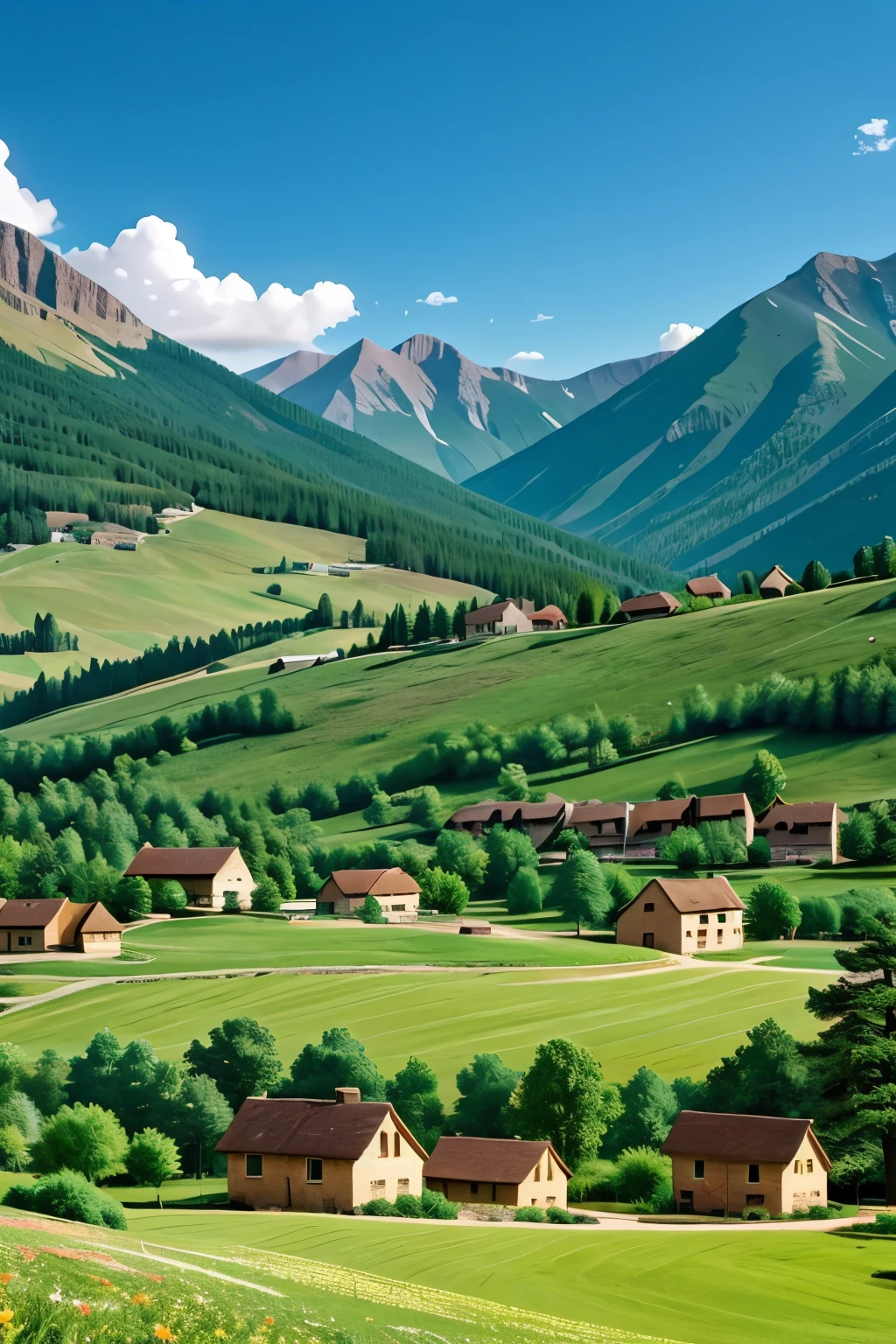 Vaillage mountain fIeld tree and beutifule village wiht people