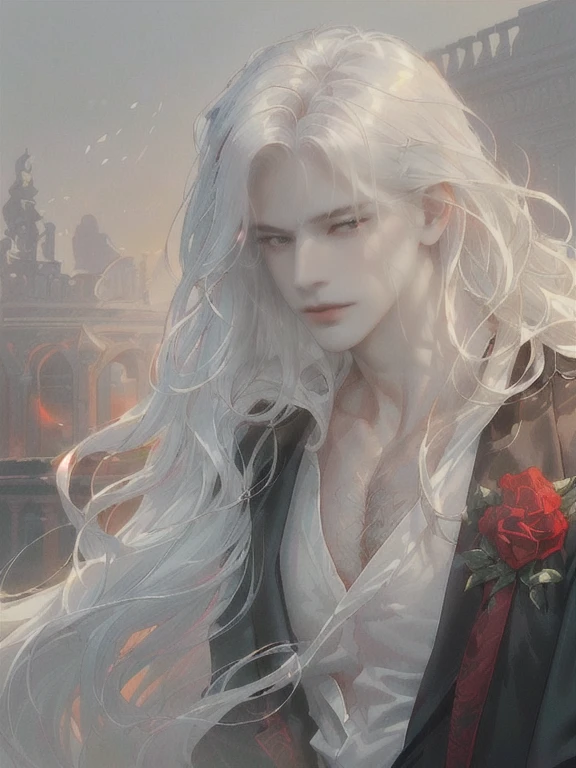 ((pale skin)) ((one ceo medical male)) (((male with sharp siren eyes)))(((very red eyes)))((((very white white hair glowing))))(((blunt blunt bangs))) ((long very very wavy hair)) ((wide shoulders man))((very wavy hair))((office))((manly yet soft face))((handsome face))(((red red eyes)))((rectangle face shape))((SHARP JAW LINE)) ((THIN EYEBROWS))((ROSES)) ((SOFT FEATURES WITH DEFINED SHARP JAWLINE)) ((GLOWING ETHEREAL)) ((RED RED detailed SIREN EYES MALE SEXY EYES)))(((BLUNT BLUNT spreaded BANGS))((elegant))((soft look))((close up one male only))((wavy hair)) ((square face))((wide face))((blunt bangs))((french))