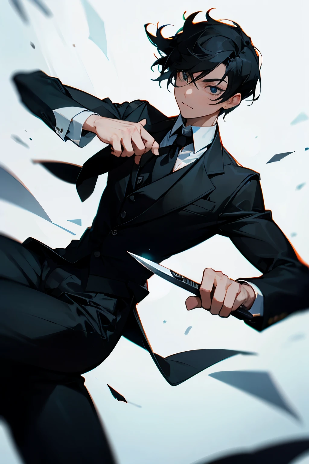 A very cool young butler, black hair, black shirt, throwing a knife.
