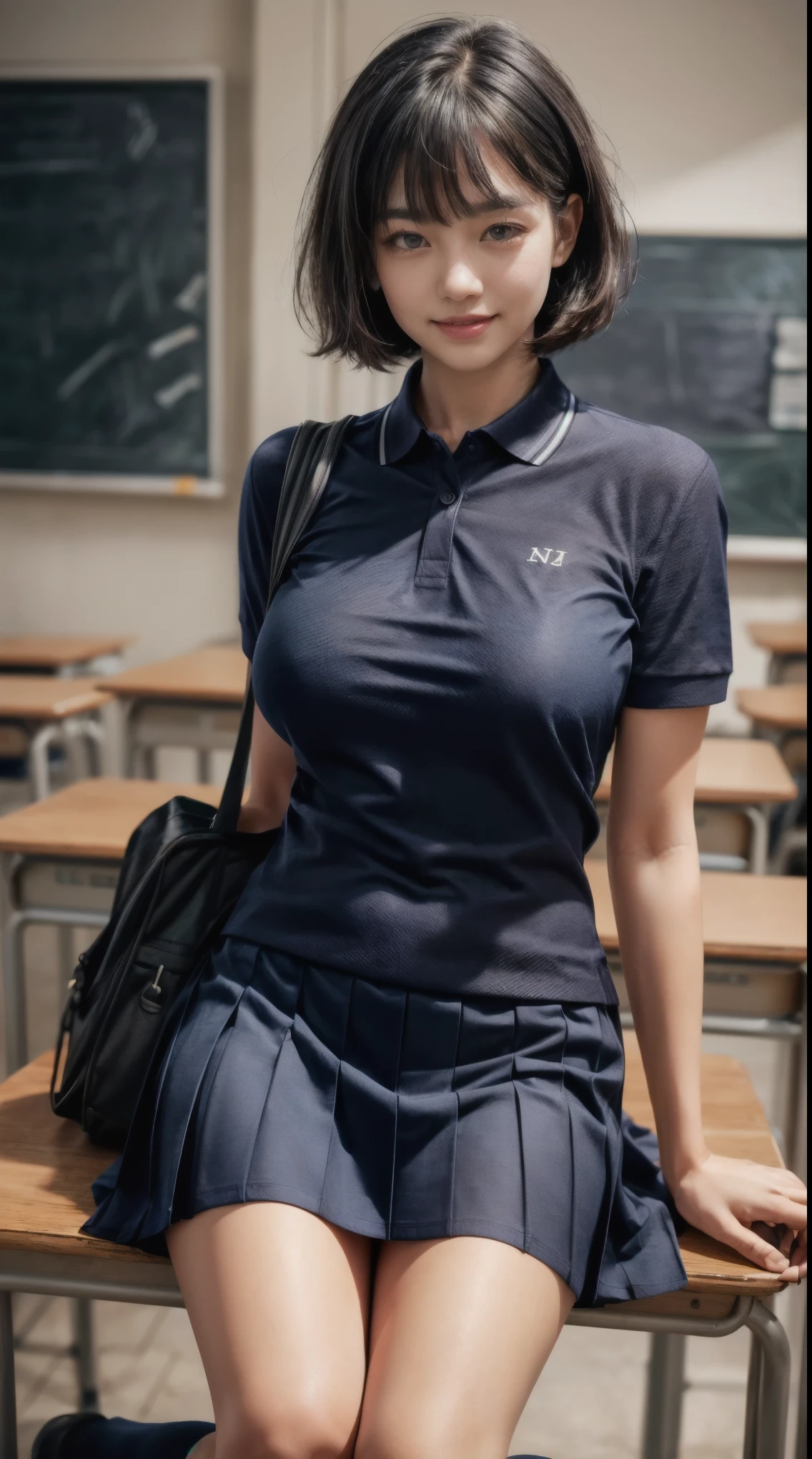 nsfw:0.4、Female students in the classroom、short hair、(smile)、(Mature Woman)、(18-year-old)、((Big Breasts))、((Ultra tight navy blue polo shirt))、Checkered pleated skirt、Navy blue socks、loafers、Knee-length skirt、(ribbon)、School bag on the desk、Has bangs、((Black Hair))、highest quality、超A high resolution、(Realistic:1.85)、Beautiful Japanese Eyes、Super Beauty、Perfect Style、Perfect balance、Detailed skin、((Delicate photo)),(Detailed RAW photos of girls), (Tabletop:1.25), (highest quality:1.6), (超A high resolution:1.5), (Realisticです:1.75), 8K resolution, Canon EOS R5, 50mm, Absurd, Very detailed,Cinema Lighting、