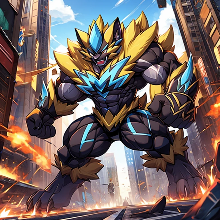 gigantic muscles Powered exoskeleton with the same design as Zeraora rampage through a city, 
