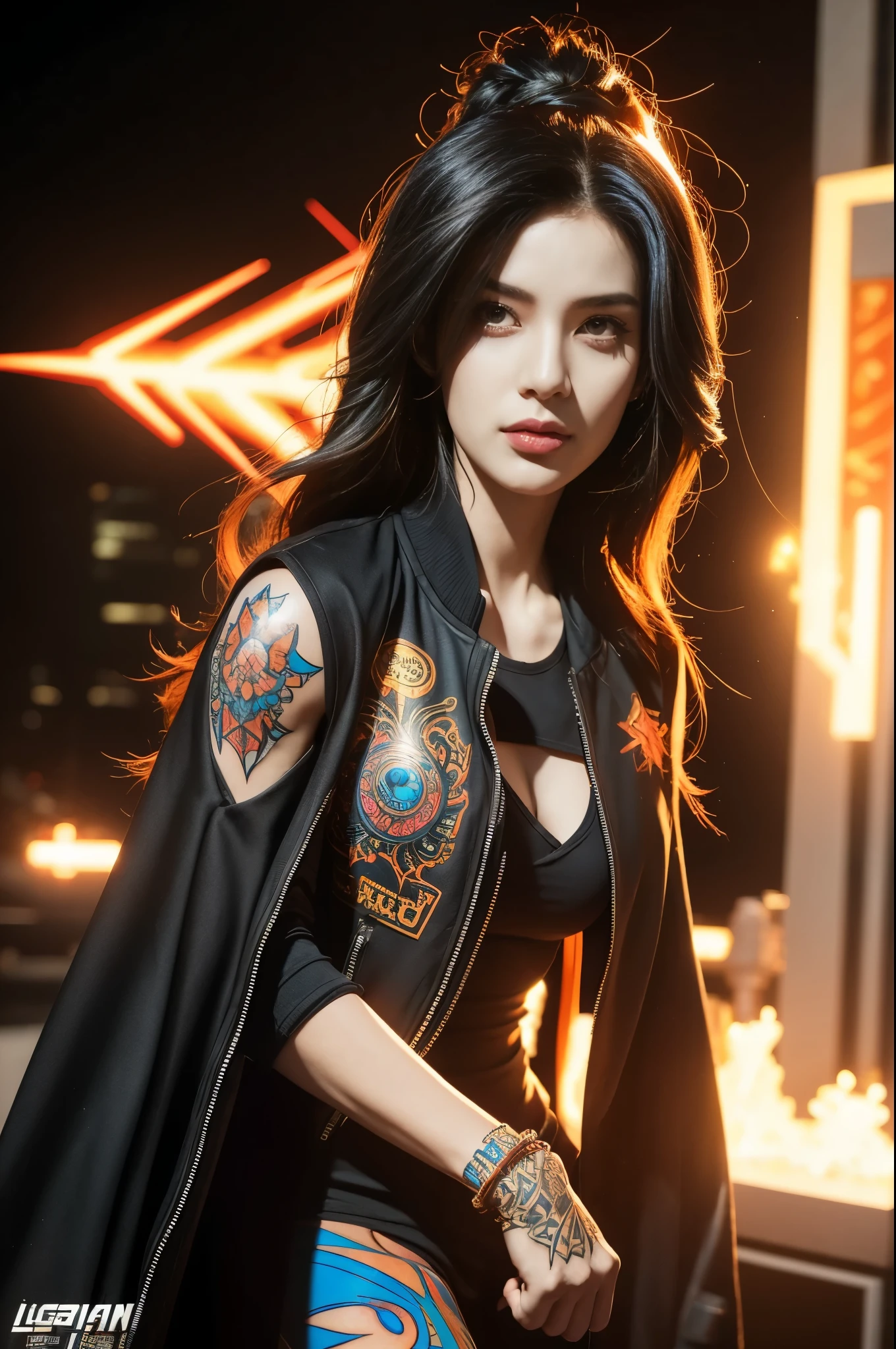 A defiant, fiery young woman of Middle Eastern descent adorned with an array of vibrant, multicolored hair and intricate tattoo patterns that are reminiscent of comic book art. Striking and contrasting colors will be used to illuminate her dynamic postures and expressions. This digital illustration will adopt a graffiti-infused aesthetic with urban stylistic elements populating the background. The image will exude the narrative style of the cyberpunk genre, liberally sprinkling futuristic elements and a dystopian ambiance. An electrifying scene with this trailblazer character, leveraging a digital medium to thoroughly accentuate the comic book style and animate her character.