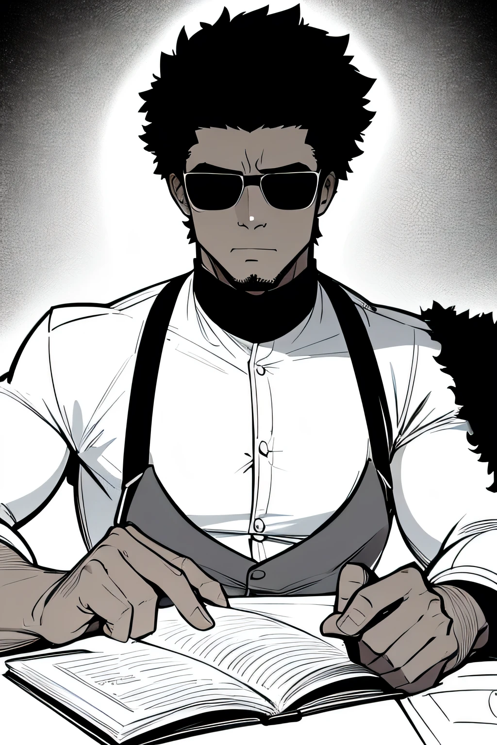 A stoic, black writer. Muscular, wearing shades, black and white imagery, low cut hair, formally dressed