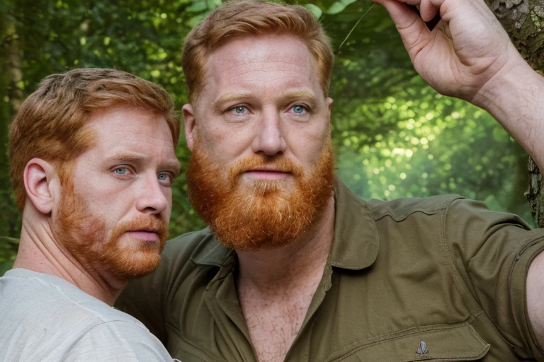 (illustration), (high resolution), (8K), (extremely detailed), (best illustration), (beautiful detailed eyes), (best quality), (ultra-detailed), (masterpiece), ( wallpaper), (detailed face), Two men in the middle of the forest in a camp, staring at each other, one is a chubby middle-aged ginger man