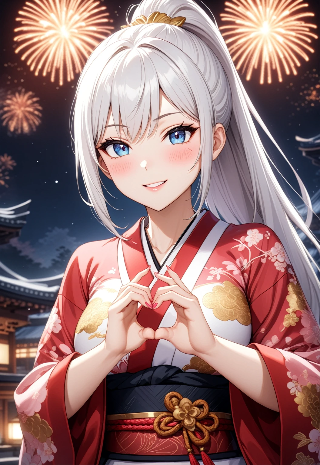 ((one personの女性)), Beautiful Face,Laugh shyly,((Wink:2.0)),,turn bright red,Glossy pink lips,night,Japanese-style room of the shrine,firework,((Anime style background)),masterpiece, highest quality, so beautiful, Latest, Complex details, (Pink long nails),AI-generated, Complex,High resolution, highest quality, super high quality,3D Images、View your viewers、3D Images,one person,Long white hair,High Ponytail,blue eyes,Anime woman posing for a photo, [[Fine grain、Colorful eyes、Shining Eyes:1.15]],(Squint your eyes:1.1),a hyperRealistic , hyperRealistic , Realistic,Anime woman with long and white hair, Smooth anime CG art, A woman in a colorful kimono with gold embroidery, (Black kimono),Red floral pattern,Long flower hair ornament,Big earrings,(Big Breasts:1.3),Mature Body,expensive,Big Ass,Fine details,Tight waist,Abdominal muscles,(Face close-up:1.5),(Tilt your face:2.0),Shooting from an angle,(A woman making a heart hand sign with their hands in front of their chest:2.0)