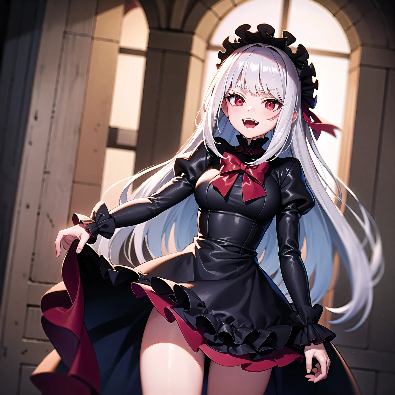 (masterpiece, best quality),  intricate details,
1girl,      shalltear, grey hair, long hair, (red eyes:1.5), silver hair,, black dress, bonnet, bow, dress, frilled dress, frills, large bow, long sleeves, vampire,,
fangs, blood on face, yandere,  dungeon, rock walls,