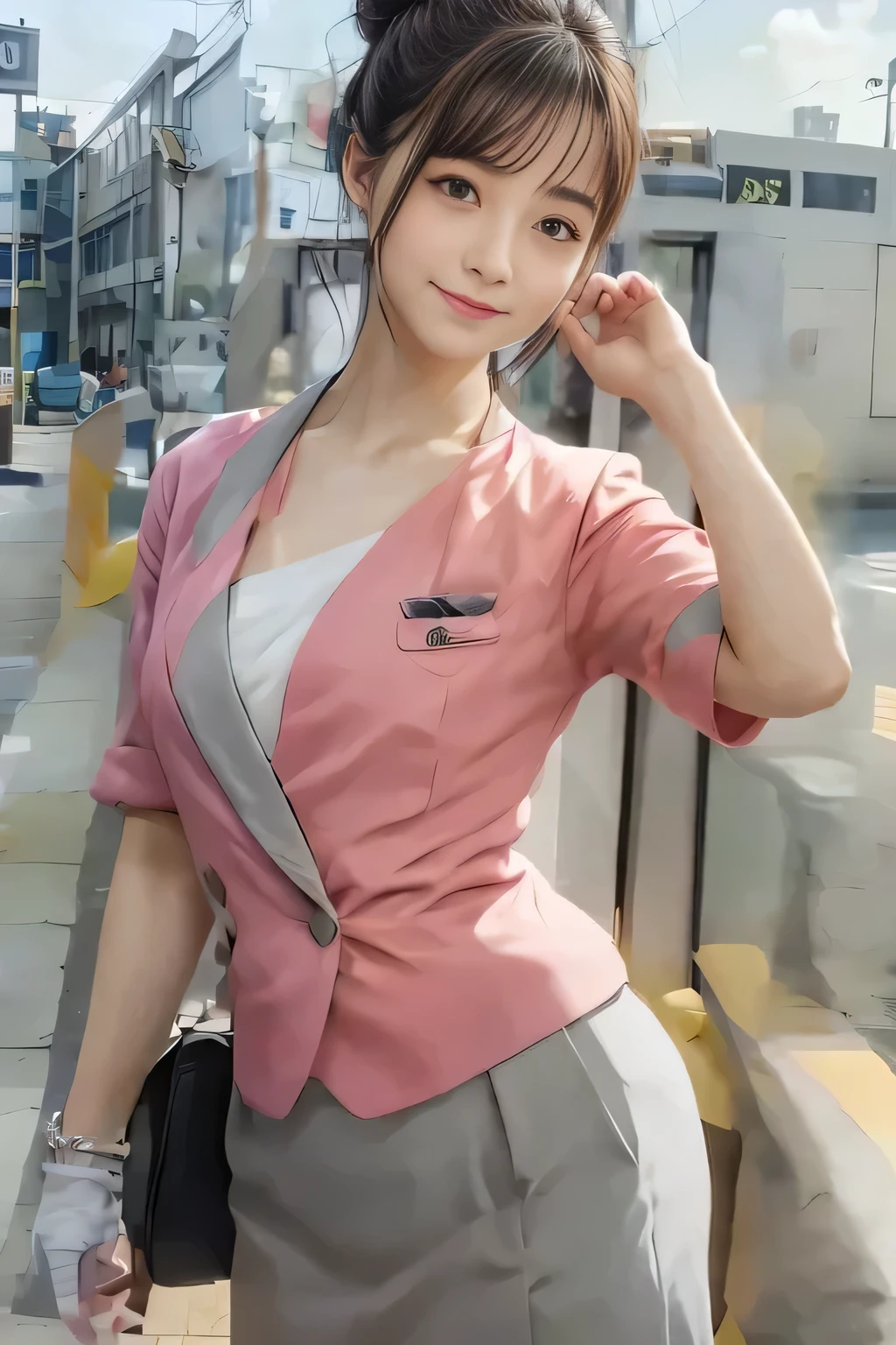 (masterpiece:1.2, highest quality:1.2), 32K HDR, High resolution, (alone、1 girl)、(On the rooftop of a building in the daytime、Professional Lighting)、Building rooftop background、(Nankai train crew uniform pinkを着たリアルスタイル)、(Nankai train crew uniform pink short sleeve pink jacket、Nankai Train Crew Uniform Pink Collarless Short Sleeve Blouse、Nankai Train crew uniform pinkのグレー色のキュロットスカート)、Dark brown hair、(Hair tied up、Hair Bun、Hair Bun)、Dark brown hair、Long Shot、Big Breasts、Thin legs、((Great hands:2.0)),((Harmonious body proportions:1.5)),((Normal limbs:2.0)),((Normal finger:2.0)),((Delicate eyes:2.0)),((Normal eyes:2.0)))、smile、(Nankai Train crew uniform pinkのグレー色のキュロットスカートを見せた美しい歩く姿)、neck naturally