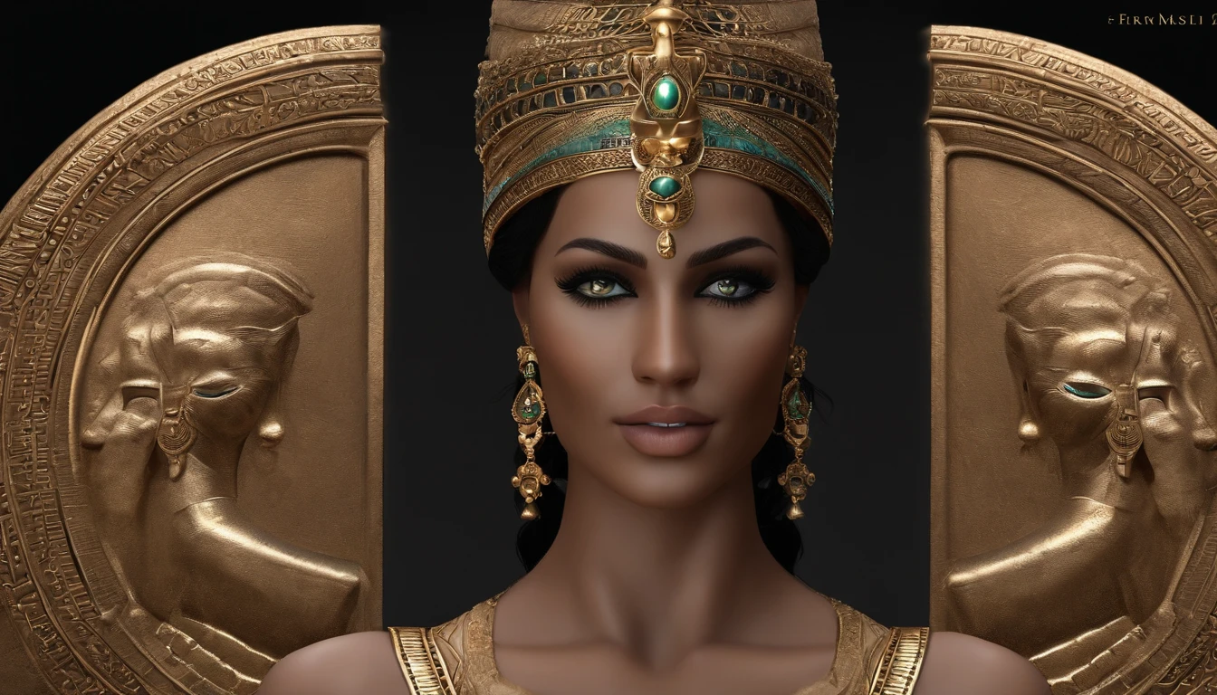 (((full body shot))), thigh gap, perfect body,（best quality，ultra - detailed，Most Best photograph，Best Shadow，masterpiece，high resolution，professionalartwork，famousartwork），(Detailed eyes)，(cleavage)，sci-fi，face markings，tattooed, (fractalized，Fractal Eyes，((Details of face)，egyptian goddess, ancient goddess, extremely high detail，Highly detailed footage of the goddess, black hair, square cut hair, fitted white dress, egyptian jewels, tanned skin, brown skin, pale eyes, shiny green eyes, large eyes, pyramid in the desert, zoomed moon above, Stone sculpture depiction of woman with moon in hair, stone bra