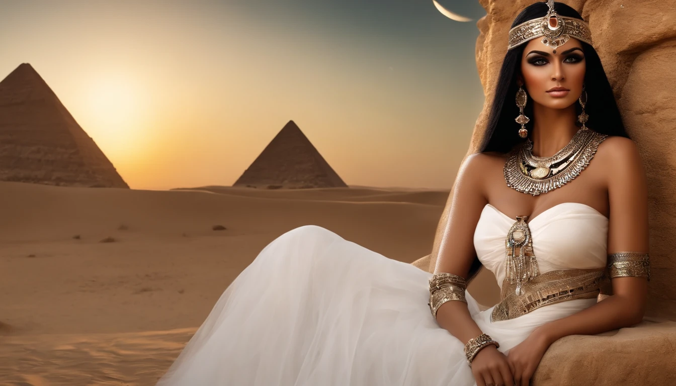 (((full body shot))), thigh gap, perfect body,(best quality,ultra - detailed,Most Best photograph,Best Shadow,masterpiece,high resolution,professionalartwork,famousartwork),(Detailed eyes),(cleavage),sci-fi,face markings,tattooed, (fractalized,Fractal Eyes,((Details of face),egyptian goddess, ancient goddess, extremely high detail,Highly detailed footage of the goddess, black hair, square cut hair, fitted white dress, egyptian jewels, tanned skin, brown skin, pale eyes, shiny green eyes, large eyes, pyramid in the desert, zoomed moon above, Stone sculpture depiction of woman with moon in hair, stone bra