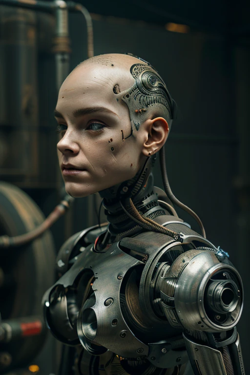 Young woman, biomechanical, wites, hoses, sultry, mechanization, robot joints, robotic parts, cybernetic skin A bald cyborg Emma Watson, with loose wires, metallic skin, hoses, exposed torso, androidperson, mark brooks, david mann, robot brain, made of steel, hyperrealism, post-apocalyptic, mechanical parts, joints, mecha, j_sci-fi