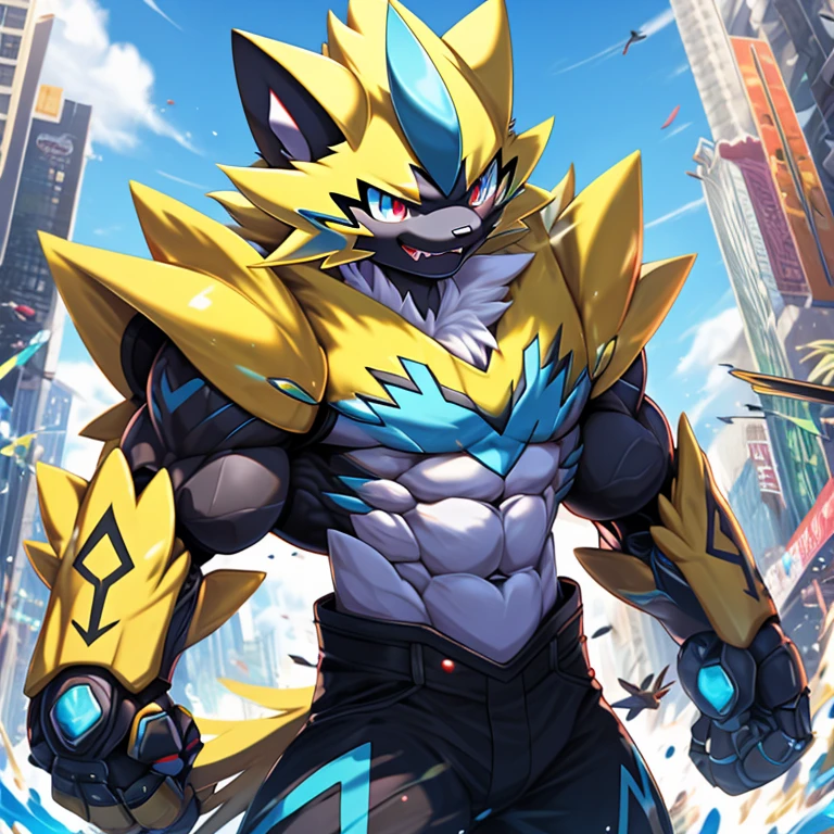 gigantic muscles Powered exoskeleton with the same design as Zeraora rampage through a city, Pisoteie a cidade. (ZERAORA, 8K), (giant zeraora, Zeraora's giant robot, Powered exoskeleton with the same design as Zeraora), (Masterpiece, highres) (Detailed head, Detailed Body, Detailed abs, full body)
