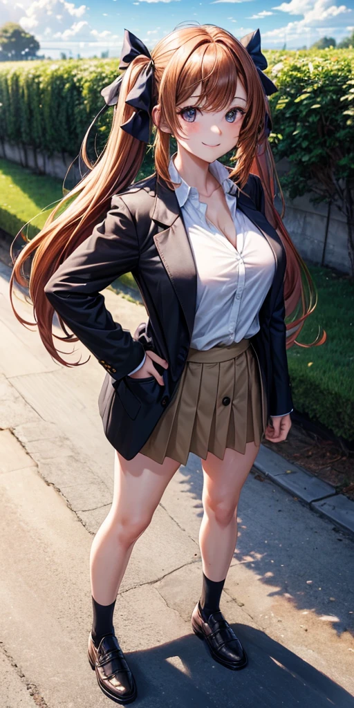 1girl, ((full body)), solo, summer, village, trees, sun, clouds, ((chestnutl hair)), long hair, twintail, large breasts, ((black blazer)), button down shirt, ((white shirt)), ((short sleeved shirt)), ((unbuttoned shirt)), unbuttoning buttons, cleavage 1:3, brown eyes, skirt, grin, looking at the viewer, standing, touching neck, hair ribbon, golden necklate, hands on hip
