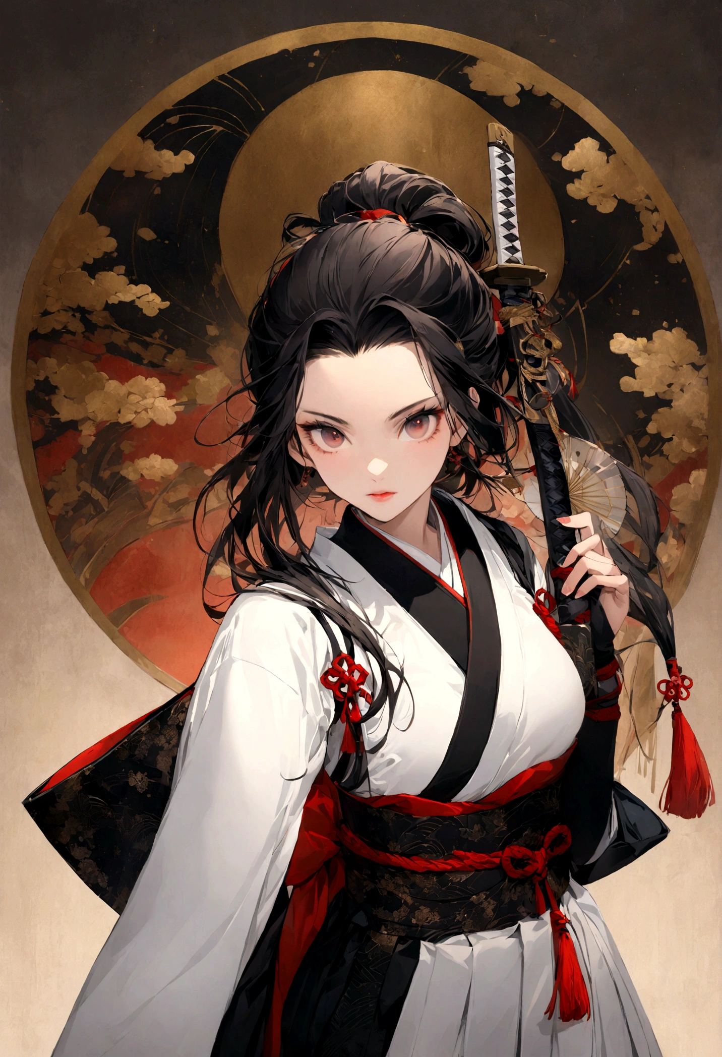 High-resolution, photographic portrait of a beautiful Japanese woman dressed as a skilled swordsman. She stands confidently with a traditional katana in hand, her elegant yet fierce demeanor captivating the viewer. Her attire consists of a traditional hakama and kimono, adorned with intricate patterns reflecting the artistry of Japanese culture. Her long, shiny black hair is gracefully tied up, allowing her sharp, focused eyes to stand out. The light gray background adds a subtle contrast, emphasizing her presence. The overall composition highlights her strength, grace, and beauty, capturing the essence of a legendary samurai warrior.