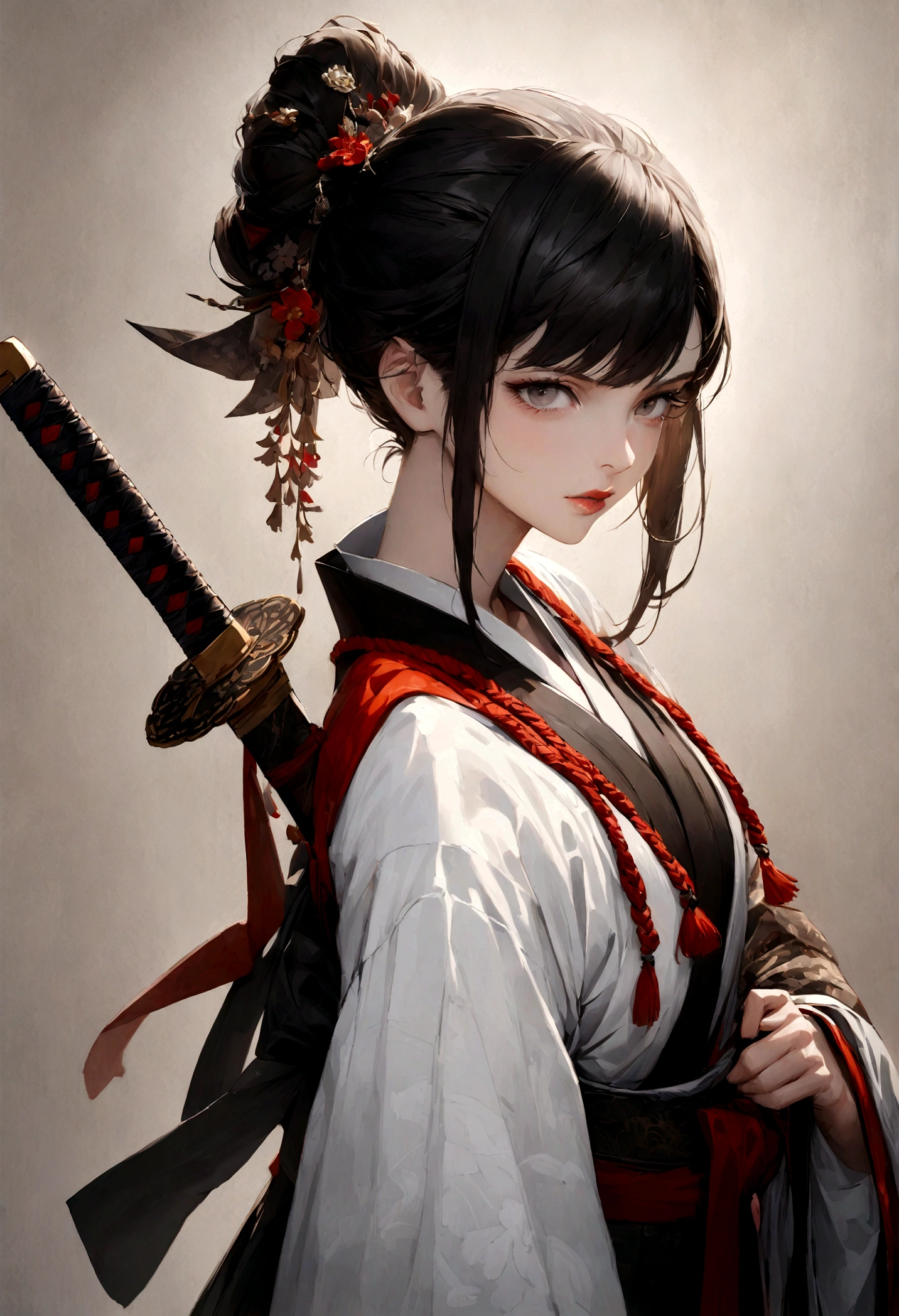 High-resolution, photographic portrait of a beautiful Japanese woman dressed as a skilled swordsman. She stands confidently with a traditional katana in hand, her elegant yet fierce demeanor captivating the viewer. Her attire consists of a traditional hakama and kimono, adorned with intricate patterns reflecting the artistry of Japanese culture. Her long, shiny black hair is gracefully tied up, allowing her sharp, focused eyes to stand out. The light gray background adds a subtle contrast, emphasizing her presence. The overall composition highlights her strength, grace, and beauty, capturing the essence of a legendary samurai warrior.