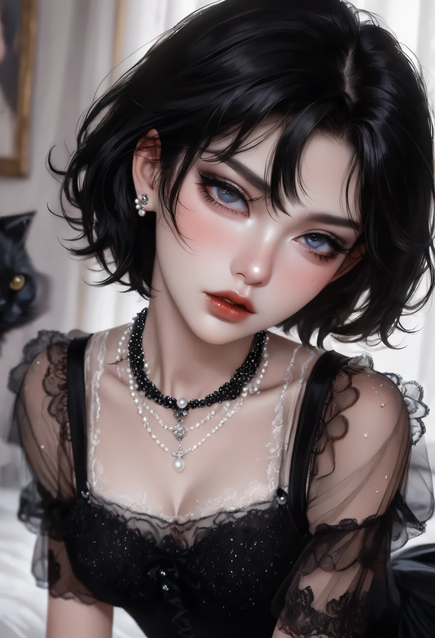 1 Girl，Sexy，Short flowing black hair，Hair shine，Skin details，Beautiful facial features，Exquisite makeup，Exquisite eyes，Eye details，Dark eyeshadow，small freckles，Pearl necklace，full，Black suspender skirt，White tulle lace，Shoulder，arm