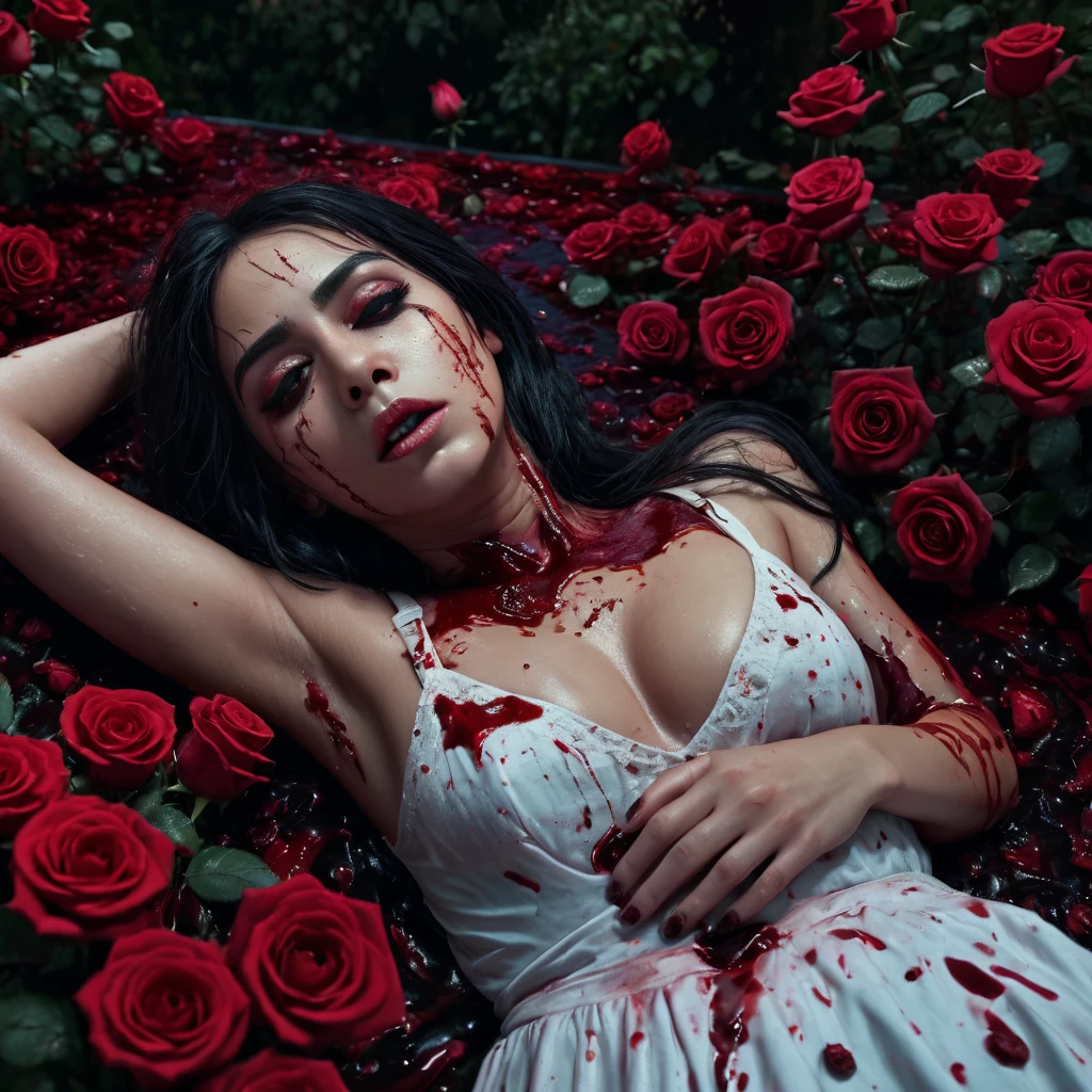 Relistic photography of a woman lying on a bed of blood with a rose garden in the background, Horrible background, horror!! Highly detailed, cursed images, still from animated horror movie, Gapmoe Yandere, Laying on roses, Detailed digital art, Her eyes bleed intensely