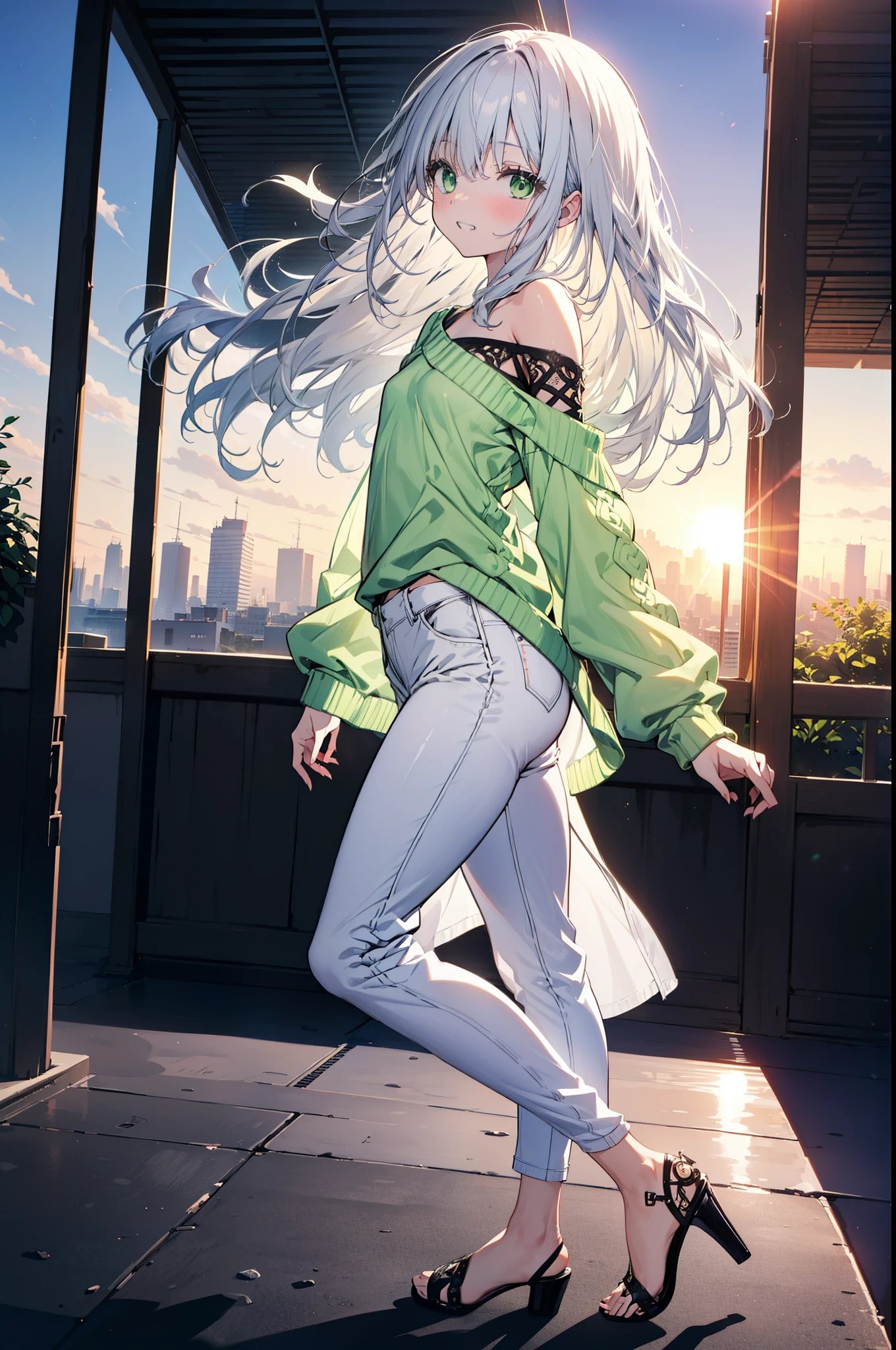 index, index, (Green Eyes:1.5), Silver Hair, Long Hair, (Flat Chest:1.2),Grin,Oversized one-shoulder yellow sweater,Skinny jeans,Stiletto heels,Sunset,evening,The sun is setting,Walking,whole bodyがイラストに入るように,Cold Sky,White Breath,
break looking at viewer, whole body,
break outdoors, Building district,
break (masterpiece:1.2), highest quality, High resolution, unity 8k wallpaper, (figure:0.8), (Beautiful fine details:1.6), Highly detailed face, Perfect lighting, Highly detailed CG, (Perfect hands, Perfect Anatomy),