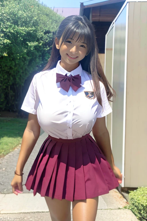 Super huge breasts, ditail lips, pink lips, long hair, cleavage of breasts, beautiful asian girl, short skirt, gal, shining skin, brown hair, dark skin, tanned skin, brown skin, gigantic breasts, JK , hi-school girl, school student uniform, muscular, muscular legs, shining legs, chest bulge, 1 girl, heavy makeup, glowy skin, smile