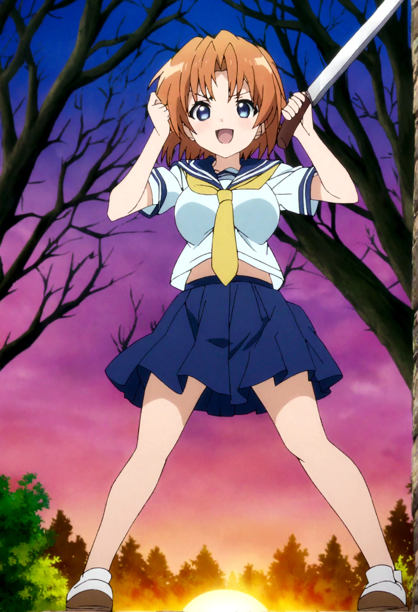 score_9, score_8_up, score_7_up, score_6_up, source_anime, anime screencap, anime coloring, 1girl, ryuuguu rena, solo, teenage, kawaii, breasts, medium breasts, blue eyes, blush, open mouth, orange hair, short hair, big breasts, simple background, white background, blue , serafuku, skirt, smile, pleated skirt, blue skirt, necktie, yellow necktie,fullbody,holding machete,hands up,straight-on,looking at viewer,battle stance,dynamic angle,forest,sunset,
