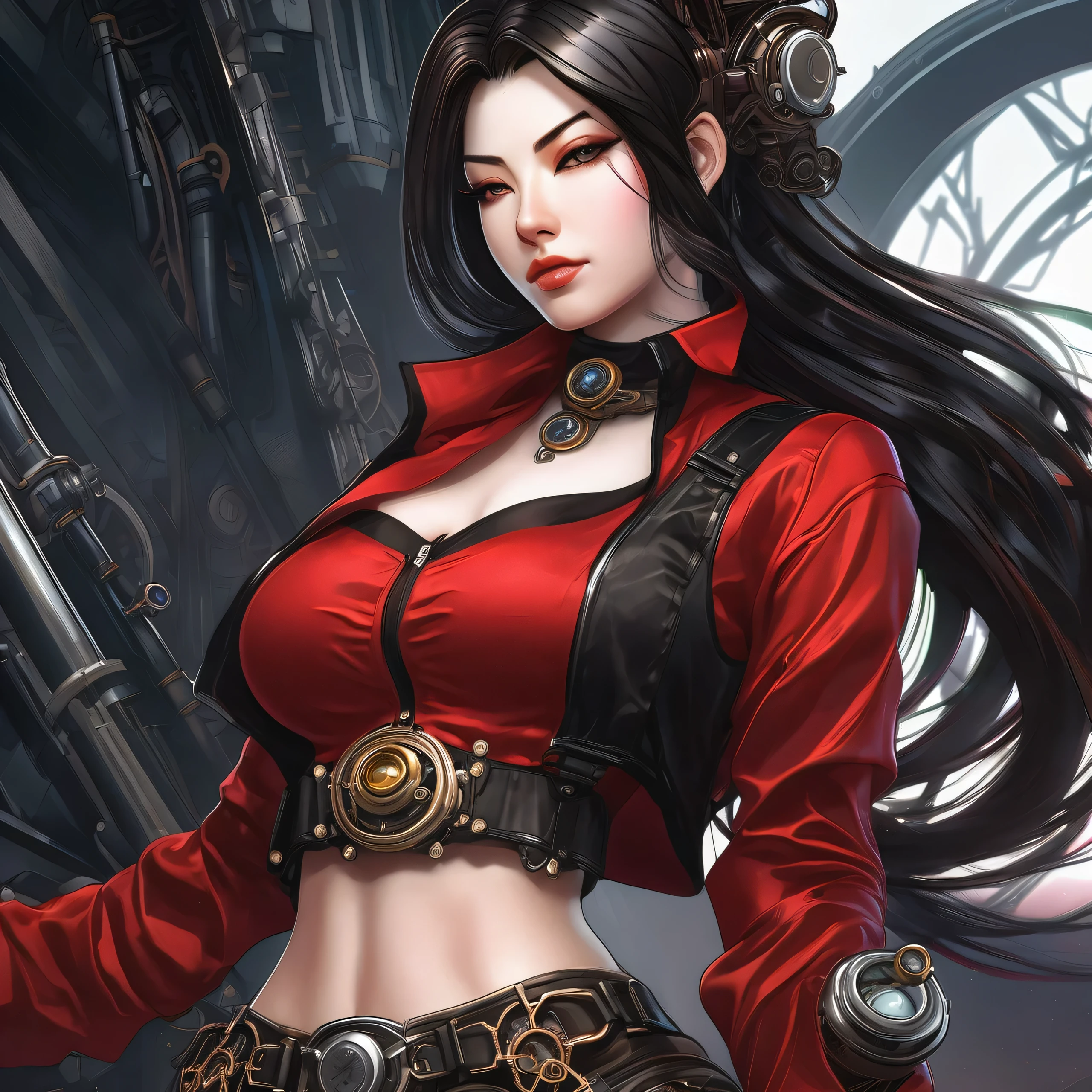 a close up of a woman in a red shirt and black shorts, like lady mechanika, by Yang J, highly detailed exquisite fanart, steampunk beautiful anime woman, extremely detailed artgerm, stunning character art, epic exquisite character art, detailed anime character art, female cyberpunk anime girl, 2b, 2 b, androgynous vampire, beautiful alluring anime woman