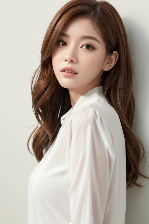 ((White long sleeve blouse))、(背景にWhite wall、Brown Hair Color:1.4)、White wall、In front of a white door、(窓のあるWhite wallの部屋)、((highest quality、8k、masterpiece:1.3))、Ultra-high resolution、(photoGenuineistic:1.4)、RAW Photos、Japanese,(face)、Genuine、Photographed in natural light、Highly detailed face and skin texture、Highly detailed lips、The correct state of the human body、Bob Hair、Various poses、Natural color lip、((Don't look at the camera))、Bobcut、Pastel colored clothes、landscape、profile、ダークBrown Hair Color、Woman with single eyelid