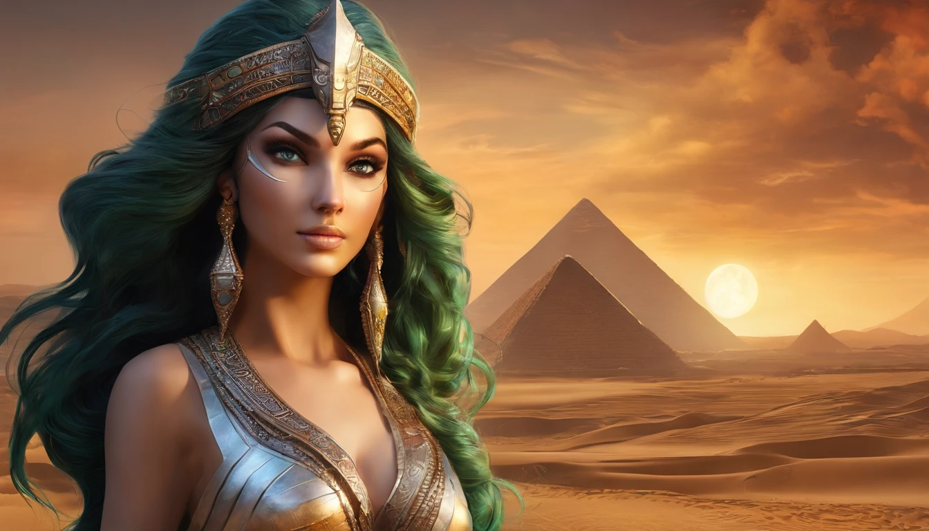 ((full body shot))), thigh gap, perfect body,（best quality，ultra - detailed，Most Best photograph，Best Shadow，masterpiece，high resolution，professionalartwork，famousartwork），(Detailed eyes)，(cleavage)，sci-fi，face markings，tattooed, (fractalized，Fractal Eyes，((Details of face)，egyptian goddess, ancient goddess, extremely high detail，Highly detailed footage of the goddess, black hair, square cut hair, fitted white dress, egyptian jewels, tanned skin, brown skin, pale eyes, shiny green eyes, large eyes, pyramid in the desert, zoomed moon above, Stone sculpture depiction of woman with moon in hair, stone bra