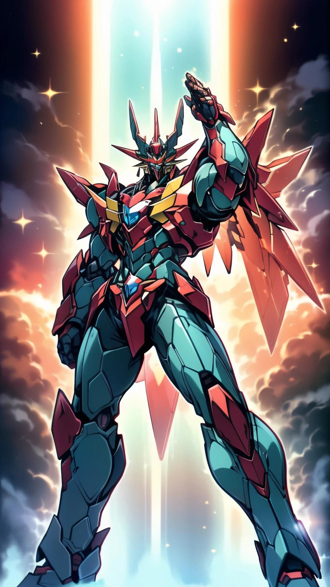 Humanoid Mecha, fully enclosed shoulder guards, matching arm and leg guards, full body, full armor, super robot, the design balances heavy with agility, (the color scheme is primarily white with red and blue accents, the concept Inspired by Mazinger Z, ruby chest armor, pose, standing, floating high above the futuristic sci-fi city), exquisite and mature art style, (aura effect, energy, glowing eyes, the armor glows), ((SRS)), metallic, dramatic, high definition, best quality, highres, ultra-detailed, ultra-fine painting, extremely delicate, professional, perfect body proportions, anatomically correct, symmetrical face, extremely detailed eyes and face, high quality eyes, creativity, RAW photo, UHD, 32k, Natural light, cinematic lighting, masterpiece-anatomy-perfect, masterpiece:1.5
