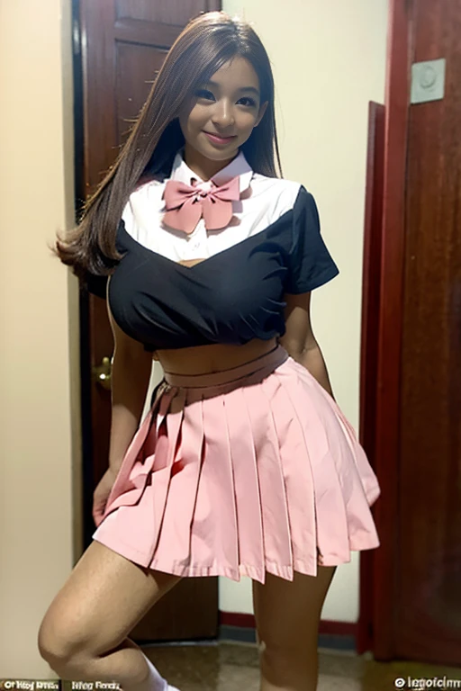 Super huge breasts, ditail lips, pink lips, long hair, cleavage of breasts, beautiful asian girl, short skirt, gal, shining skin, brown hair, dark skin, tanned skin, brown skin, gigantic breasts, JK , hi-school girl, school student uniform, muscular, muscular legs, shining legs, chest bulge, 1 girl, heavy makeup, glowy skin, smile
