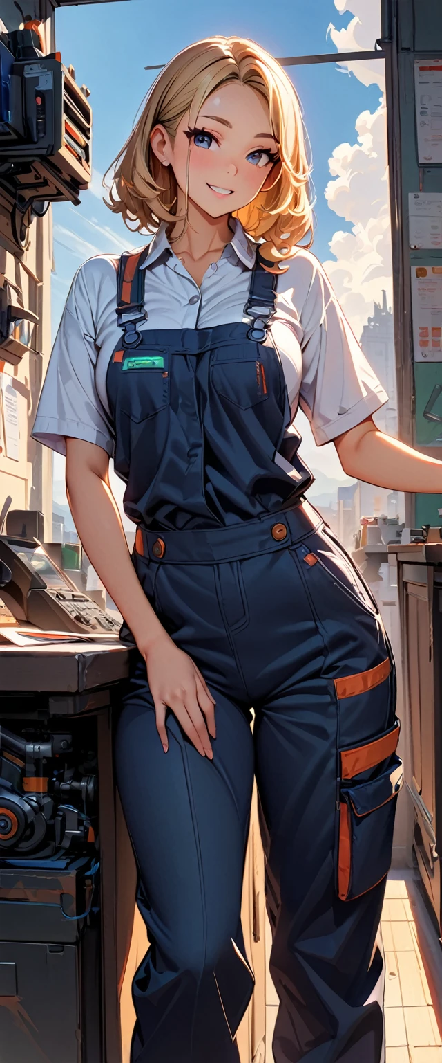 (highest quality:1.2, Very detailed, up to date, Vibrant, Ultra-high resolution, High Contrast, masterpiece:1.2, highest quality, Best aesthetics), Beautiful female mechanic, sexy, Work clothes, Overalls, Best Body Line, Beautiful fine details, A professional and confident smile, Detailed facial features, Elegant hairstyle, Power tools, detailed machine, The job description on the wall, neatly organized desk, Precision work, Adorable,