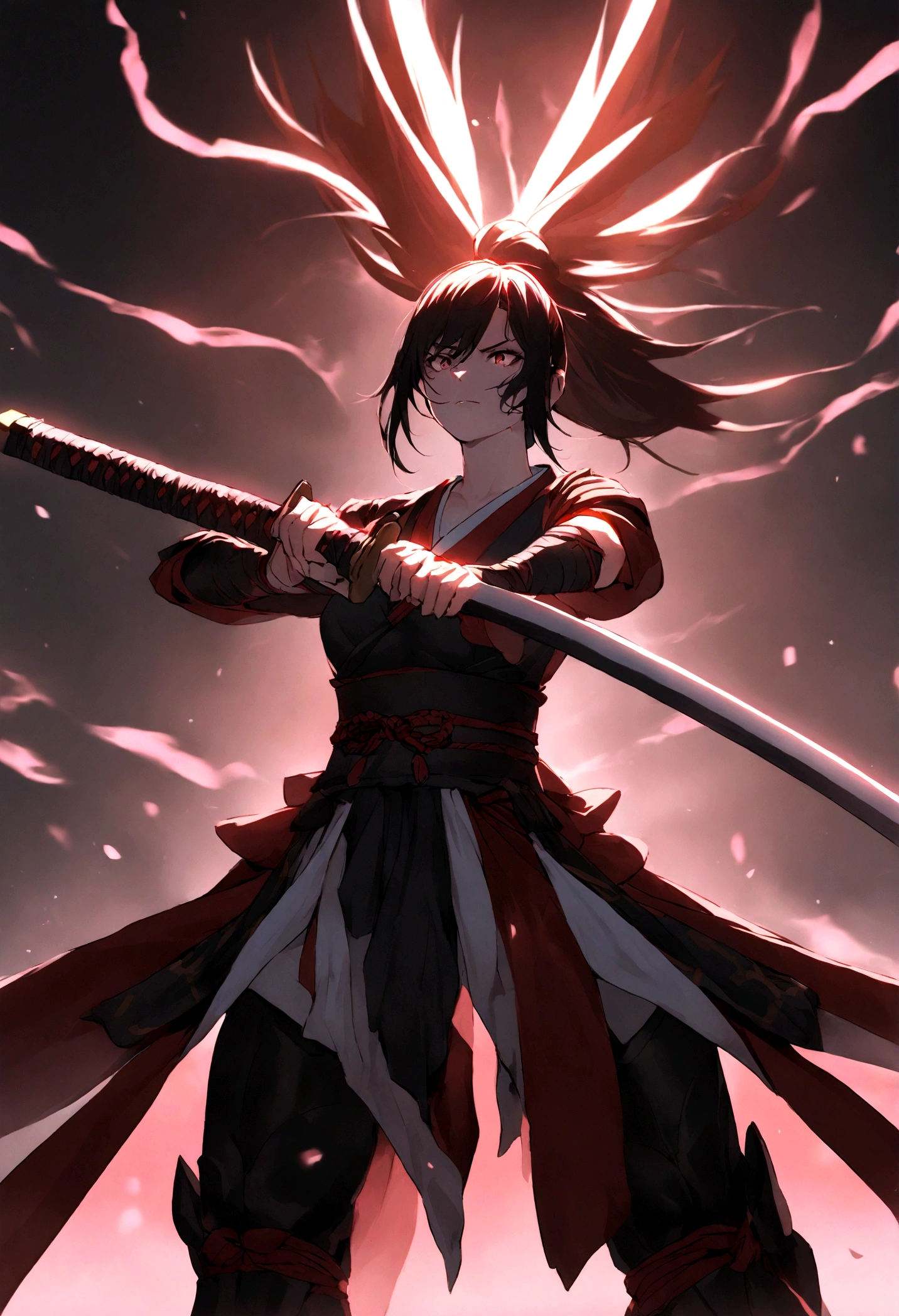 A graceful and powerful female samurai warrior, wielding a katana sword with perfect form, standing tall and resolute, with a determined expression on her face. The image should convey her skill, confidence and inner strength, without objectifying her
