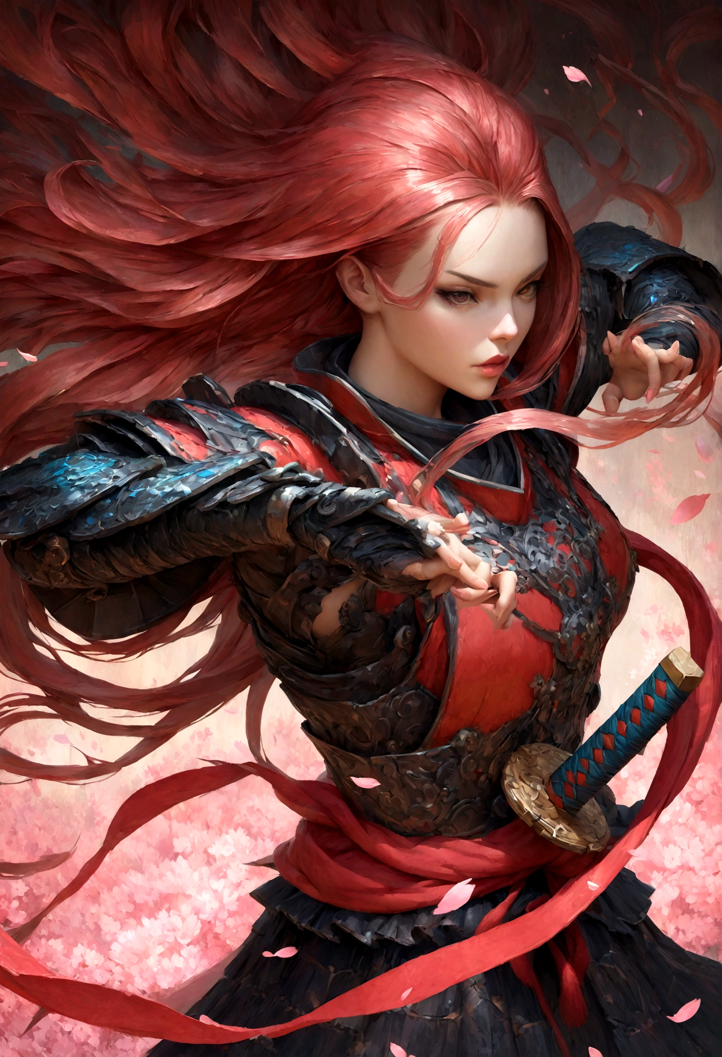 Portrait of a beautiful female swordswoman, long flowing hair blowing in the wind, determined expression, holding a katana with both hands, wearing traditional samurai armor with intricate designs, standing in a dynamic pose ready for battle, cherry blossom petals swirling around her, vibrant colors, highly detailed, digital art, artstation, octane render