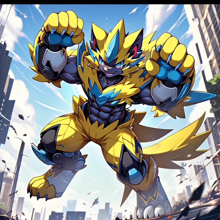 gigantic muscles Powered exoskeleton with the same design as Zeraora rampage through a city, Pisoteie a cidade. (ZERAORA, 8K), (giant zeraora, Zeraora's giant robot, Powered exoskeleton with the same design as Zeraora), (Masterpiece, highres) (Detailed head, Detailed Body, Detailed abs, full body)
destroyed city, whole body, dynamic, pull composition