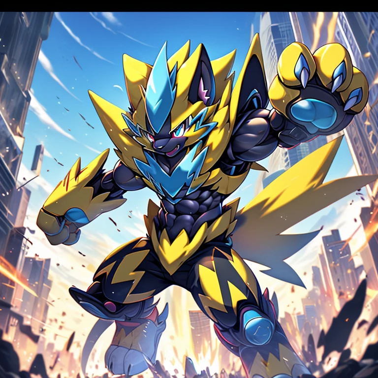 gigantic muscles Powered exoskeleton with the same design as Zeraora rampage through a city, Pisoteie a cidade. (ZERAORA, 8K), (giant zeraora, Zeraora's giant robot, Powered exoskeleton with the same design as Zeraora), (Masterpiece, highres) (Detailed head, Detailed Body, Detailed abs, full body)
destroyed city, whole body, dynamic, pull composition