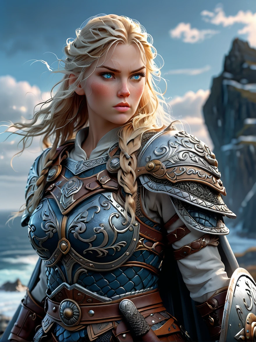 Nordic Viking female warrior，Armed with a large shield and a double-edged sword，The helmet is beside me，Strong build，Blonde hair fluttering wildly in the cold wind，Sky blue eyes，Nordic patterns on clothing，The background depicts the rugged coastline of the cold North Sea.，full-body shot，Cartoon Style，Super Detail，Anatomically correct, masterpiece, accurate, textured skin, super detail, high details, award winning, 8k