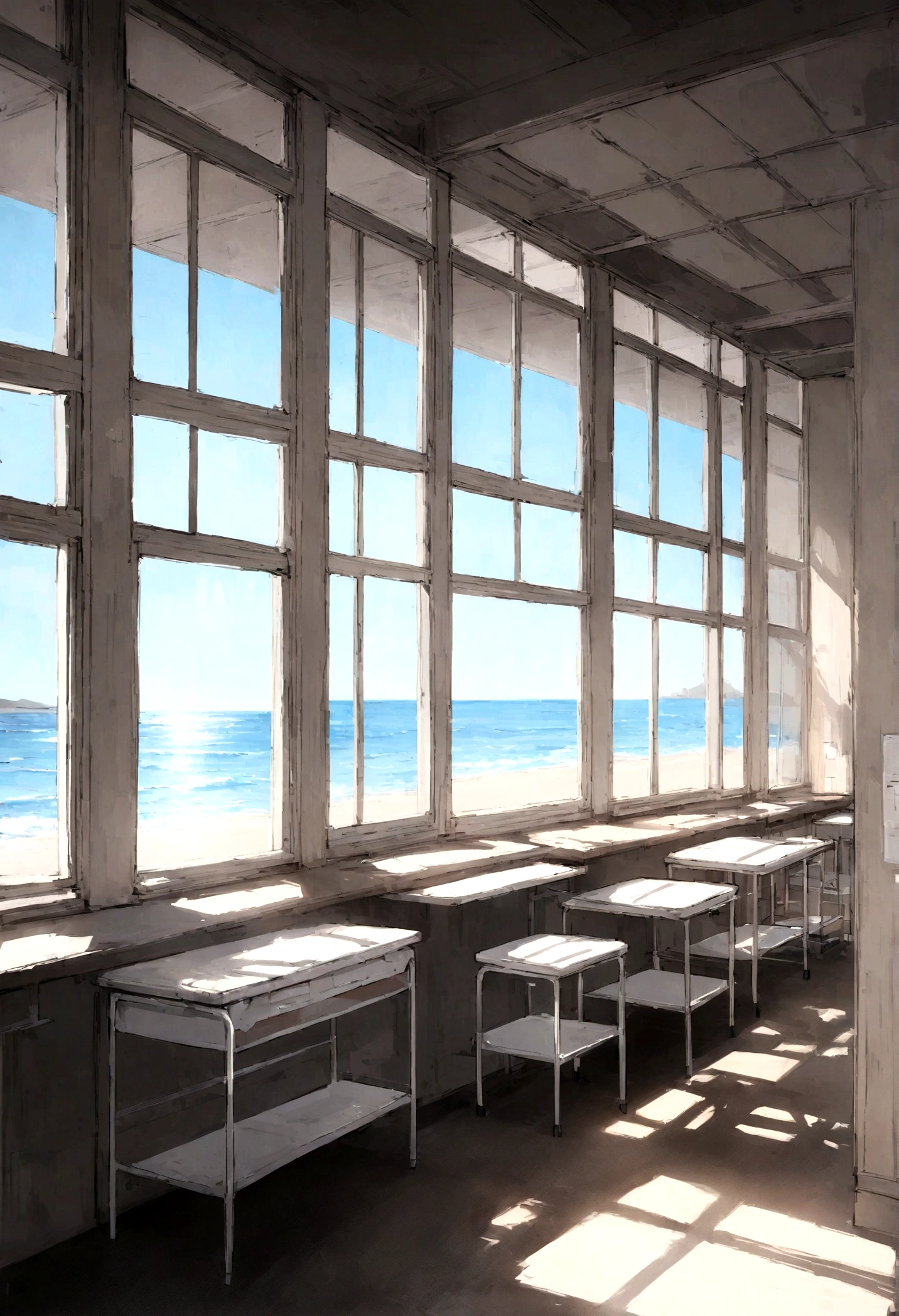 top quality, highest quality, Zahnarzt, Innere, Klinik, white and beige, Zimmerpflanzen, large window, view of the ocean outside the windowFive examination tables in a spacious Klinik