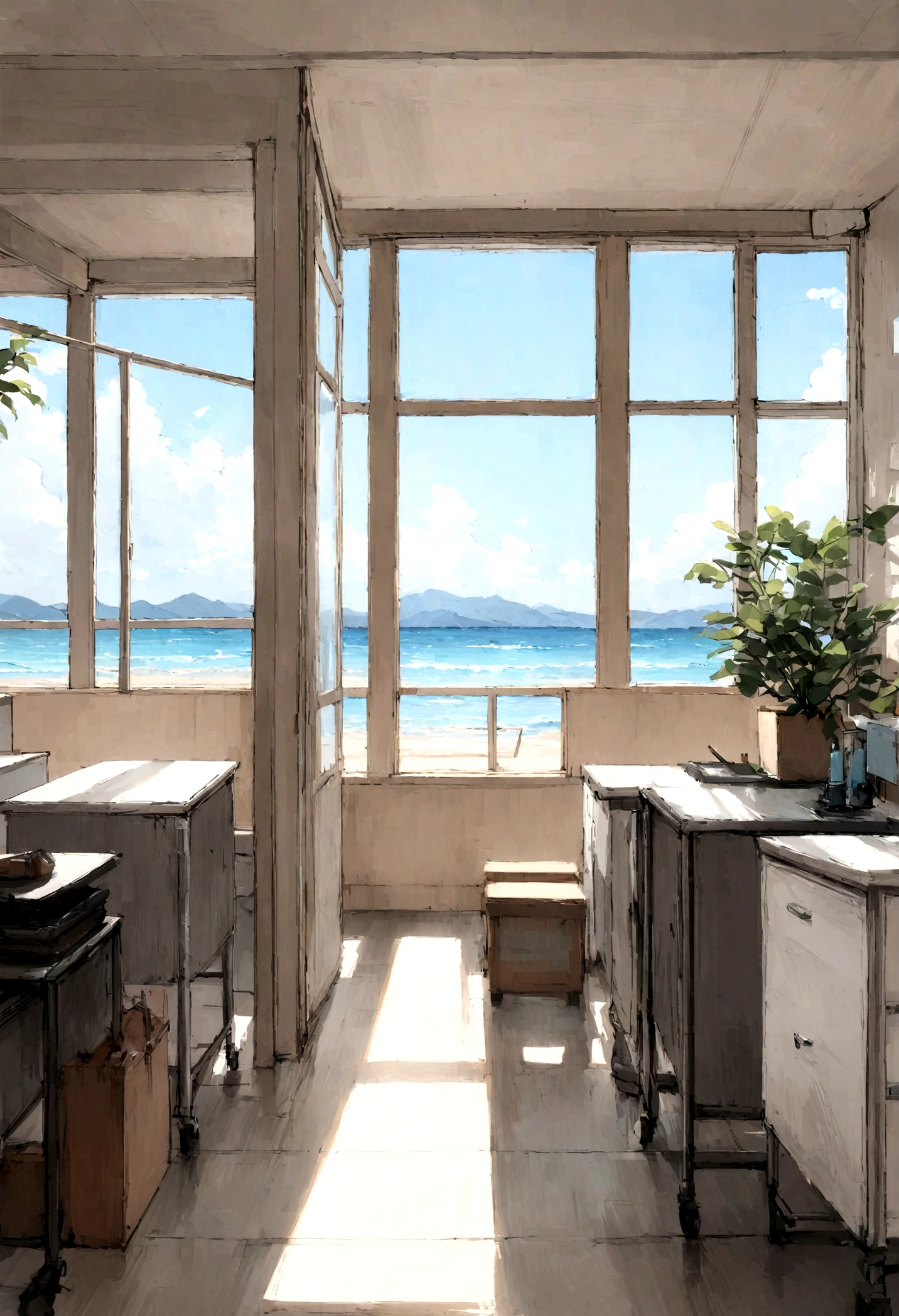 top quality, highest quality, Zahnarzt, Innere, Klinik, white and beige, Zimmerpflanzen, large window, view of the ocean outside the windowFive examination tables in a spacious Klinik