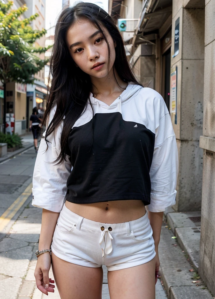((best quality)), ((masterpiece)), (detailed), perfect face, korean Girl ,20yo woman , wear revealing black hoodie, white T-shirt underneath , wear black shorts, wear black cap, wearing luxury bracelets , standing position , sexy poses , on the side streets of town, beautiful straight black long hair ,seductive gaze