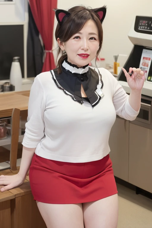 55 year old mature Japanese woman, Beautiful Wife, Sensual, Long eyelashes, Chubby body type, open chest shirt, mini skirt, whole body, ((Cat ear)), Low Ponytail, collar, Red lipstick, Charismatic, 