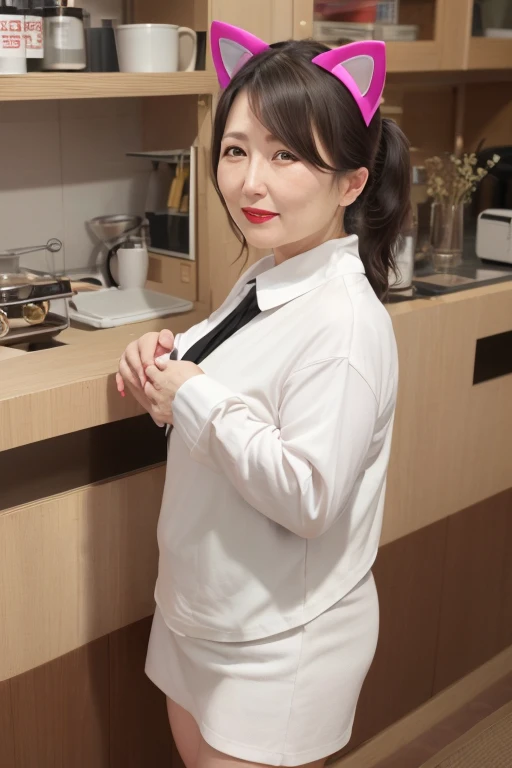 55 year old mature Japanese woman, Beautiful Wife, Sensual, Long eyelashes, Chubby body type, open chest shirt, mini skirt, whole body, ((Cat ear)), Low Ponytail, collar, Red lipstick, Charismatic, 