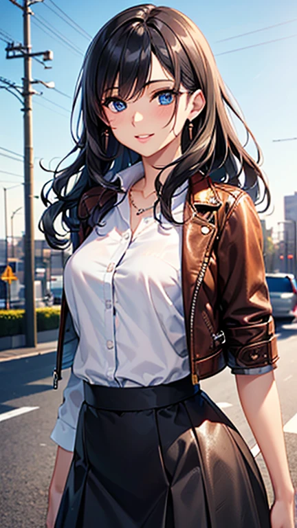 A girl is posing for a photo,pretty girl,Enchanting girl,Anime Girls,
(((One Girl,Baby Face,16 years old))),
BREAK
((Black maxi skirt, White shirt, Brown leather jacket:1.4))、silver earrings、Silver Necklace BREAK
((Black Hair)), ((Long Hair、Wavy Hair、Hair blowing in the wind))
(Drooping eyes,blue eyes),(Small breasts),
BREAK
(Beautiful Hair,Shiny Hair),
(Expression of fine eyes,Beautiful and delicate eyes,Sparkling eyes,Eye Reflexes),
(double eyelid,Long eyelashes),
(Beautiful Nose,Thin Nose),
(Glossy lips,Beautiful Lips,Thick lips),
(Symmetrical facial features,Perfect Face),(((Detailed skin,Oily skin,Textured skin,Beautiful Skin))),
BREAK
(Wicked Smile),
((noon、office Street:1.4、sunlight)),((Face the viewer、Cowboy Shot)),
BREAK
(((highest quality)),((masterpiece)),((Very detailed))),((High resolution),(8k),(16k,1080p),(Anime 2D Rendering)),(Anatomically correct),
((Realistic)), (The best CG),Highly detailed art,CG illustration,