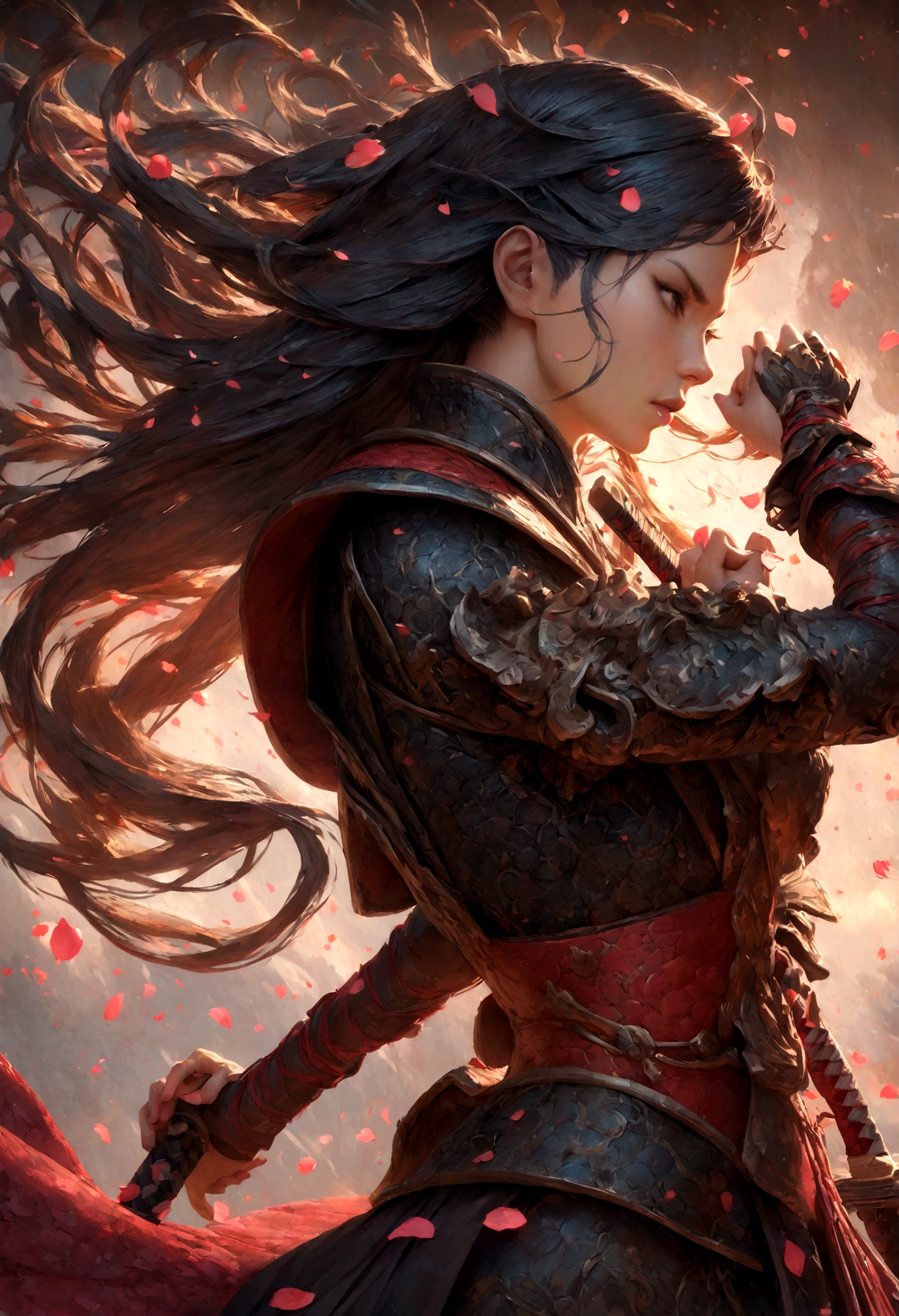 Portrait of a beautiful female swordswoman, long flowing hair blowing in the wind, determined expression, holding a katana with both hands, wearing traditional samurai armor with intricate designs, standing in a dynamic pose ready for battle, cherry blossom petals swirling around her, vibrant colors, highly detailed, digital art, artstation, octane render