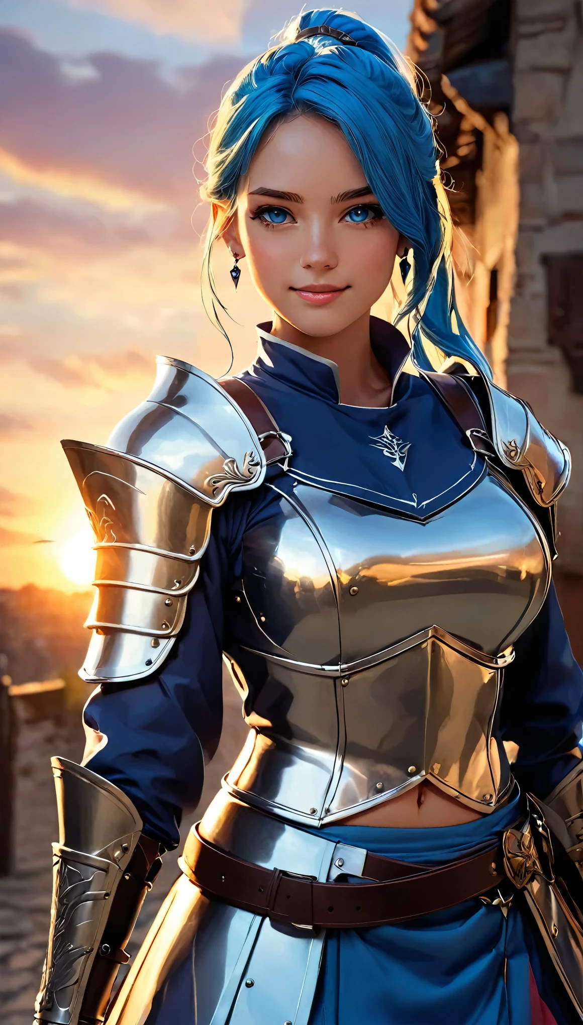 (highest quality:1.2, Very detailed, Latest, Vibrant, Ultra-high resolution, High Contrast, masterpiece:1.2, highest quality, Best aesthetics), (((1 girl))), Girl with a big sword, Executioner, Blue Hair, Long Hair, ponytail, blue eyes, choker, Earrings, (((Expression of fine eyes:1.2, Beautiful Skin, Detailed facial expressions))), Flowing hair, (Crazy Smile, Sparkling eyes), Delicately drawn equipment, Coldly Shining Weapon, Shiny Armor, ((Random Pause, Dutch Angle)), Beautiful sunset background, Bright colors, Dramatic lighting, Brave pose, Sharp focus, Gazing Eyes, Beautiful Skin, Shiny skin, Holding the Great Sword:1.2, Cowboy Shot, Perfect Fingers, Five Fingers, Anatomically correct, Background Blur.