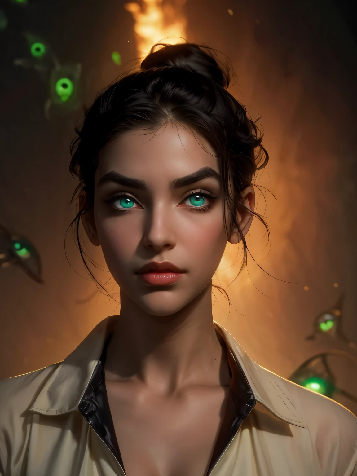 ((( portrait))) of beautiful brunette (female) in her 30s ,mature look, (small mouth) but (thick kissable lips), shy gaze, ((((tiny snob nose)))) ,( prefect shaped eyes),((((green glowing eyes)))) ,long eyelashes, eyeliner ,((( thick eyebrows))) , charming, cute ,  ((( sleek slicked back hair bun ))), ( black hair), fair skin, modern look, stylish , classy,  wearing Unbuttoned classic shirt, clivage ,  Castlevania style