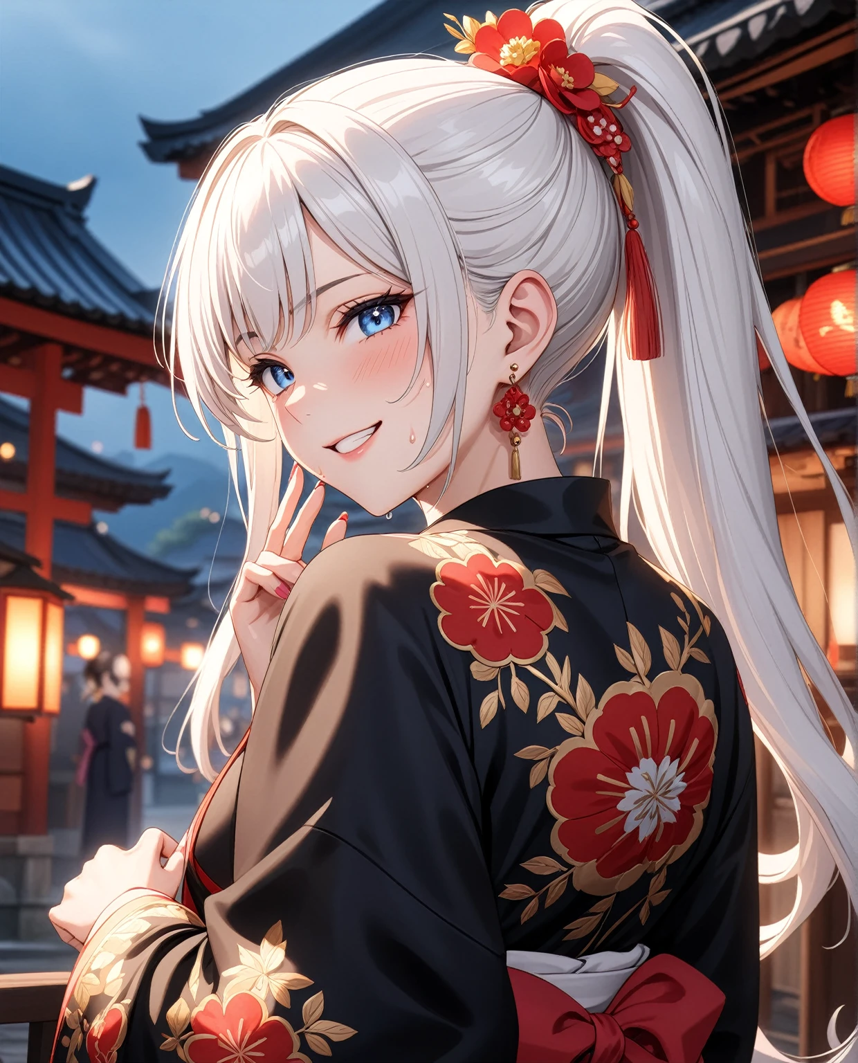 ((one personの女性)), Beautiful Face,Laughing in annoyance,((Wink:1.7)),Laughing with your mouth open,Bright red cheeks,Glossy pink lips,night,Shrine festival sexpensives,((Anime style background)),masterpiece, highest quality, so beautiful, Latest, Complex details, (Pink long nails),AI-generated, Complex,High resolution, highest quality, super high quality,3D Images、View your viewers、3D Images,one person,Long white hair,High Ponytail,blue eyes,Anime woman posing for a photo, [[Fine grain、Colorful eyes、Shining Eyes:1.15]],(Squint your eyes:1.1),a hyperRealistic , hyperRealistic , Realistic,Anime woman with long and white hair, Smooth anime CG art, A woman in a colorful kimono with gold embroidery, (Black kimono),Red floral pattern,Long flower hair ornament,Big earrings,,Mature Body,Sweating all over the body,expensive,Big Ass,Fine details,Narrow waist,(Face close-up:1.2),Look Back,Stick your butt out