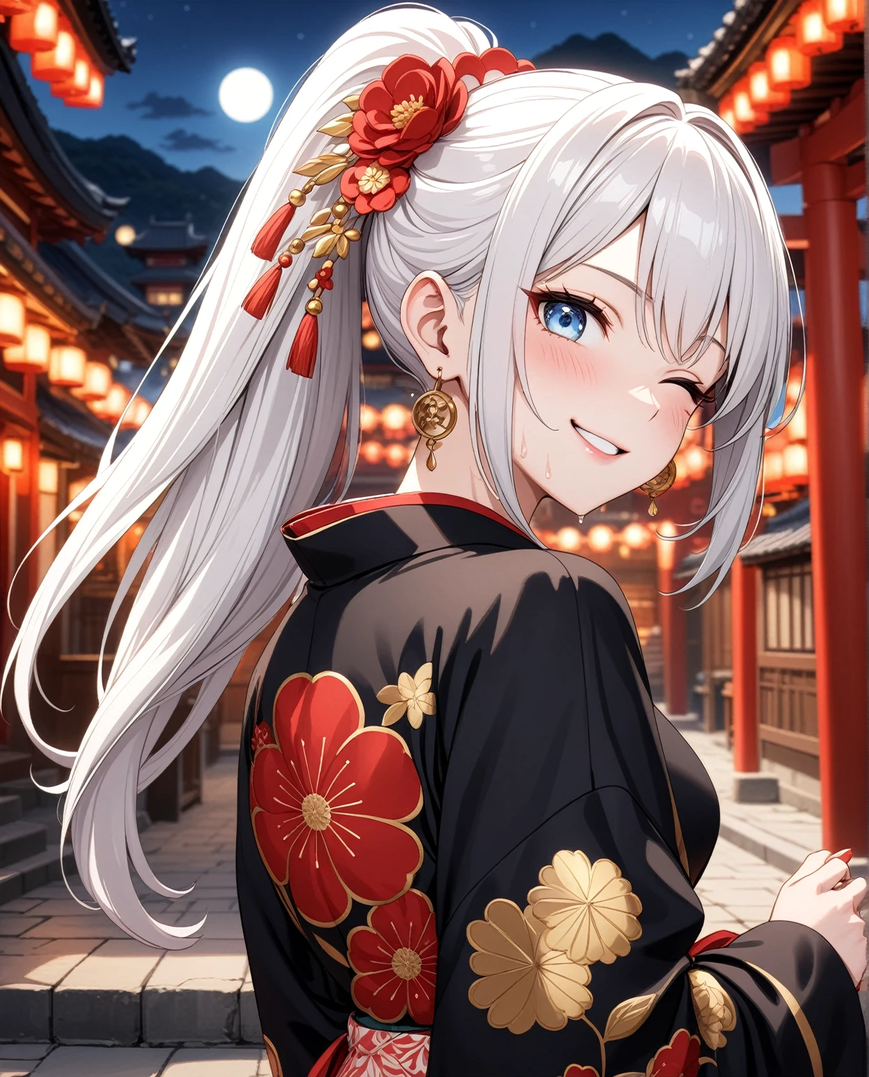 ((one personの女性)), Beautiful Face,Laughing in annoyance,((Wink:1.7)),Laughing with your mouth open,Bright red cheeks,Glossy pink lips,night,Shrine festival sexpensives,((Anime style background)),masterpiece, highest quality, so beautiful, Latest, Complex details, (Pink long nails),AI-generated, Complex,High resolution, highest quality, super high quality,3D Images、View your viewers、3D Images,one person,Long white hair,High Ponytail,blue eyes,Anime woman posing for a photo, [[Fine grain、Colorful eyes、Shining Eyes:1.15]],(Squint your eyes:1.1),a hyperRealistic , hyperRealistic , Realistic,Anime woman with long and white hair, Smooth anime CG art, A woman in a colorful kimono with gold embroidery, (Black kimono),Red floral pattern,Long flower hair ornament,Big earrings,,Mature Body,Sweating all over the body,expensive,Big Ass,Fine details,Narrow waist,(Face close-up:1.2),Look Back,Stick your butt out